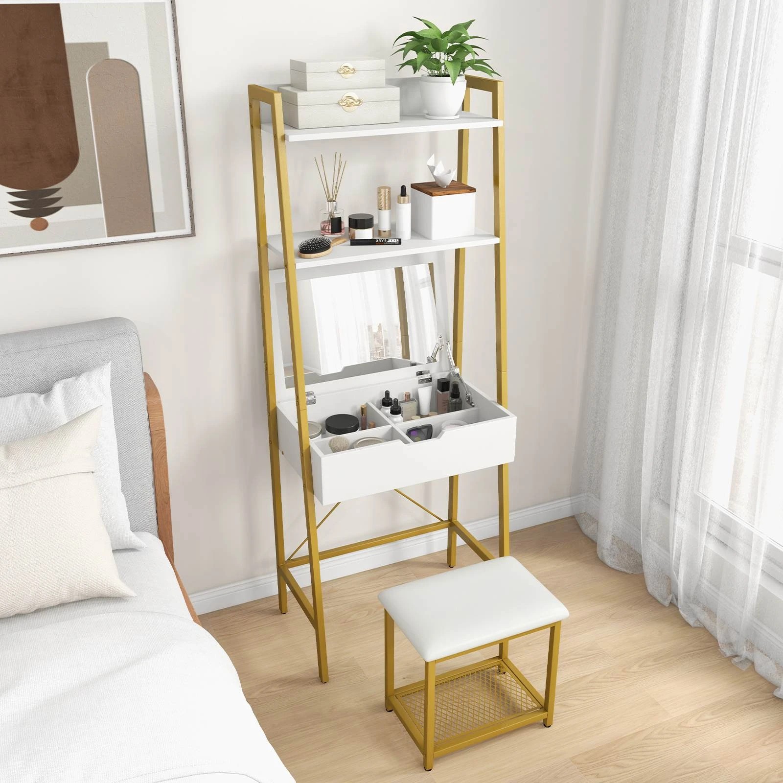 3 Costway Ladder Vanity Table Stool Set Makeup Desk Dressers w/Open Shelf & Compartment, 3 of 4