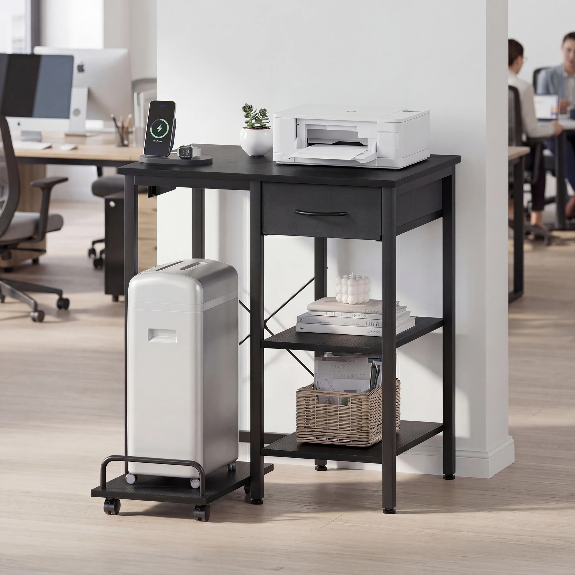 9 Advwin Printer Stand with Pull Out Shredder Shelf Charging Station Fabric Drawer Open Shelves - Black, 9 of 9