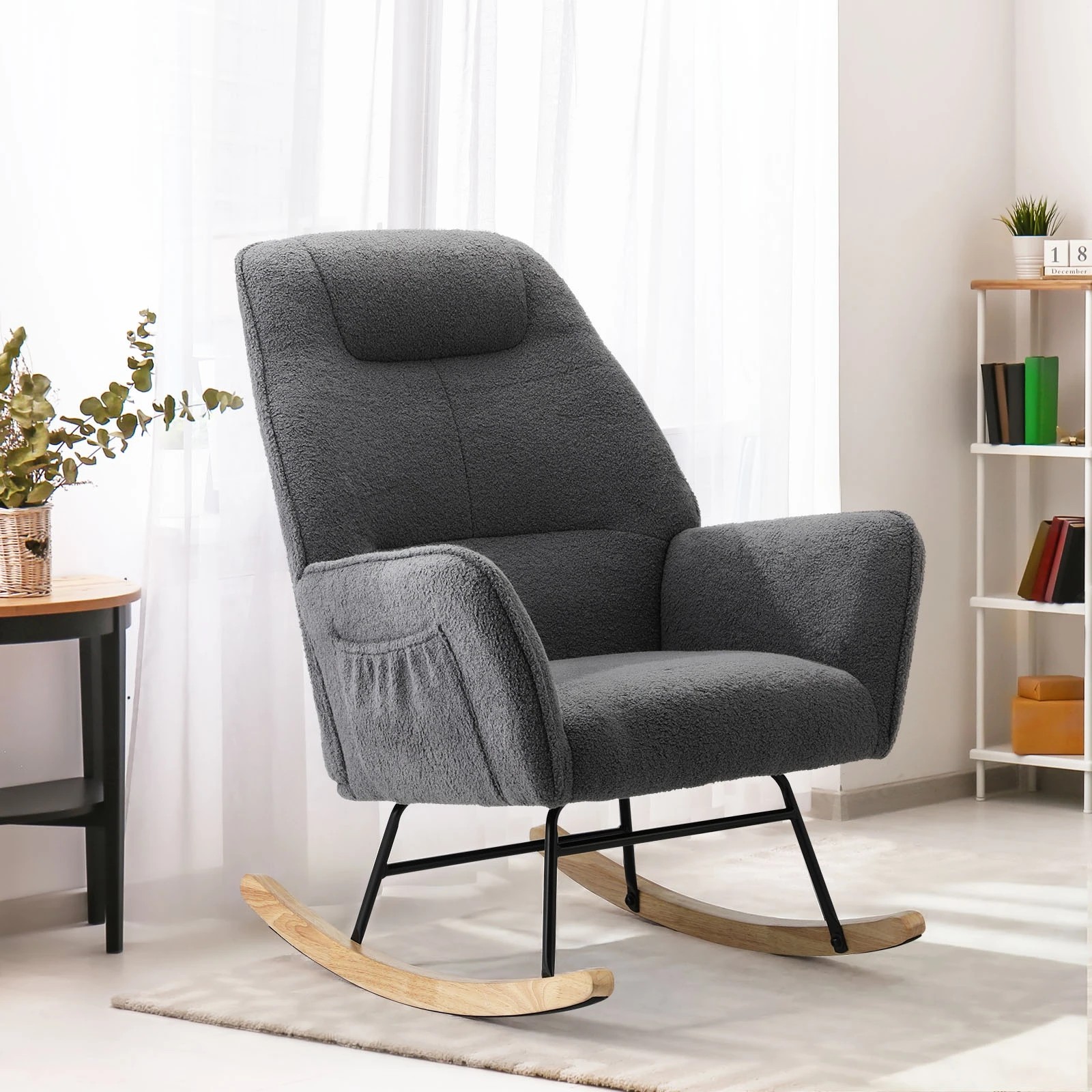 3 Oikiture Rocking Chair Nursing Armchair Sherpa Accent Chairs Upholstered - Grey, 3 of 10