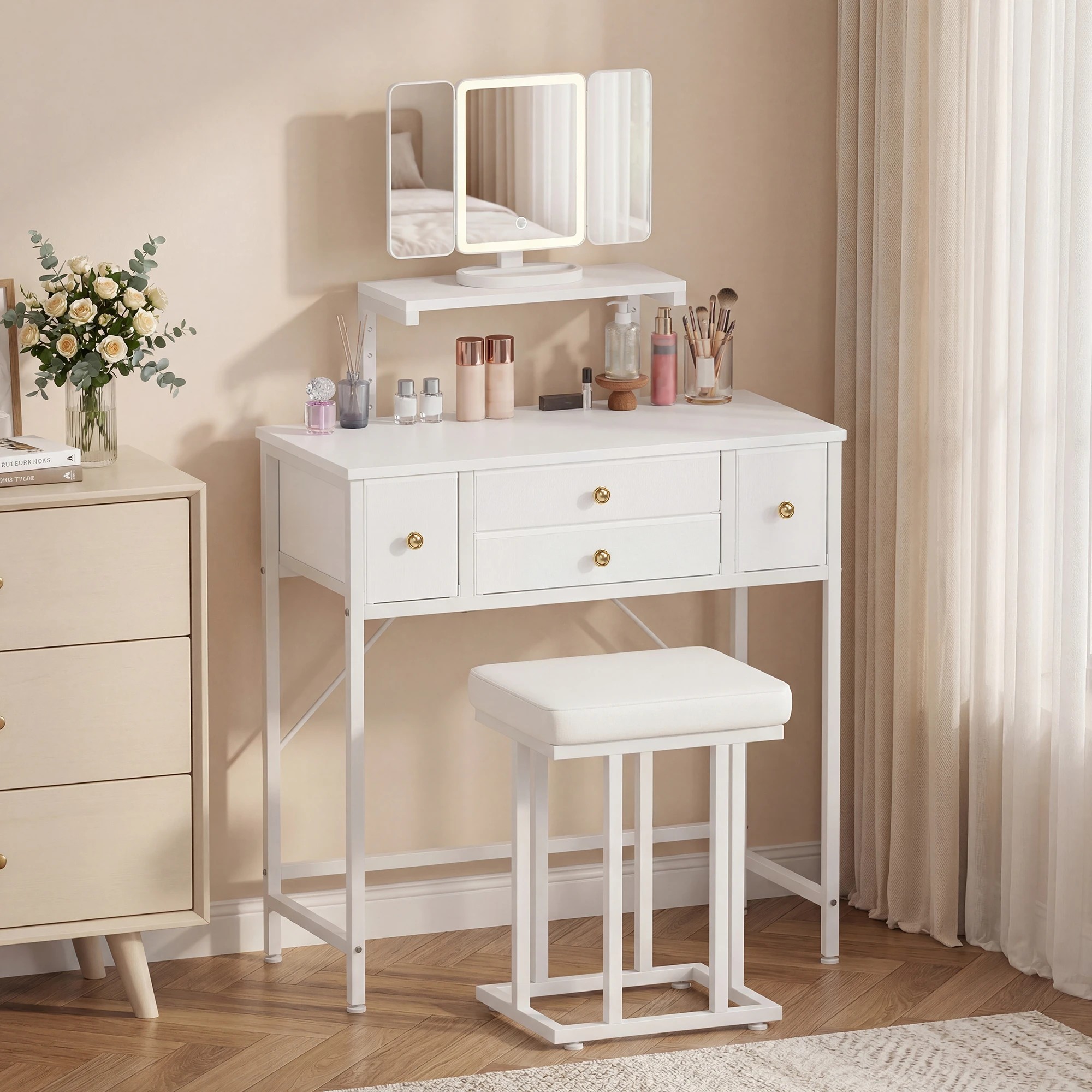 2 Advwin Dressing Table with LED Mirror 4-Drawer Height-Adjustable Stand - White, 2 of 7