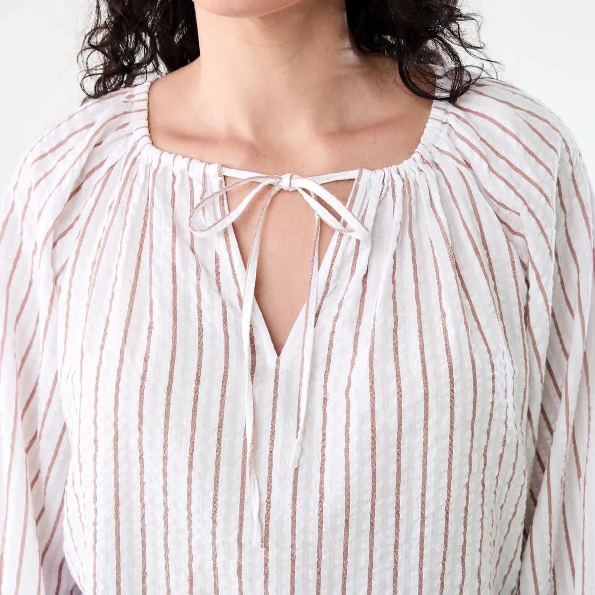 5 Long Sleeve Seersucker Tie Top RUSSET STRIPE, 5 of 6
