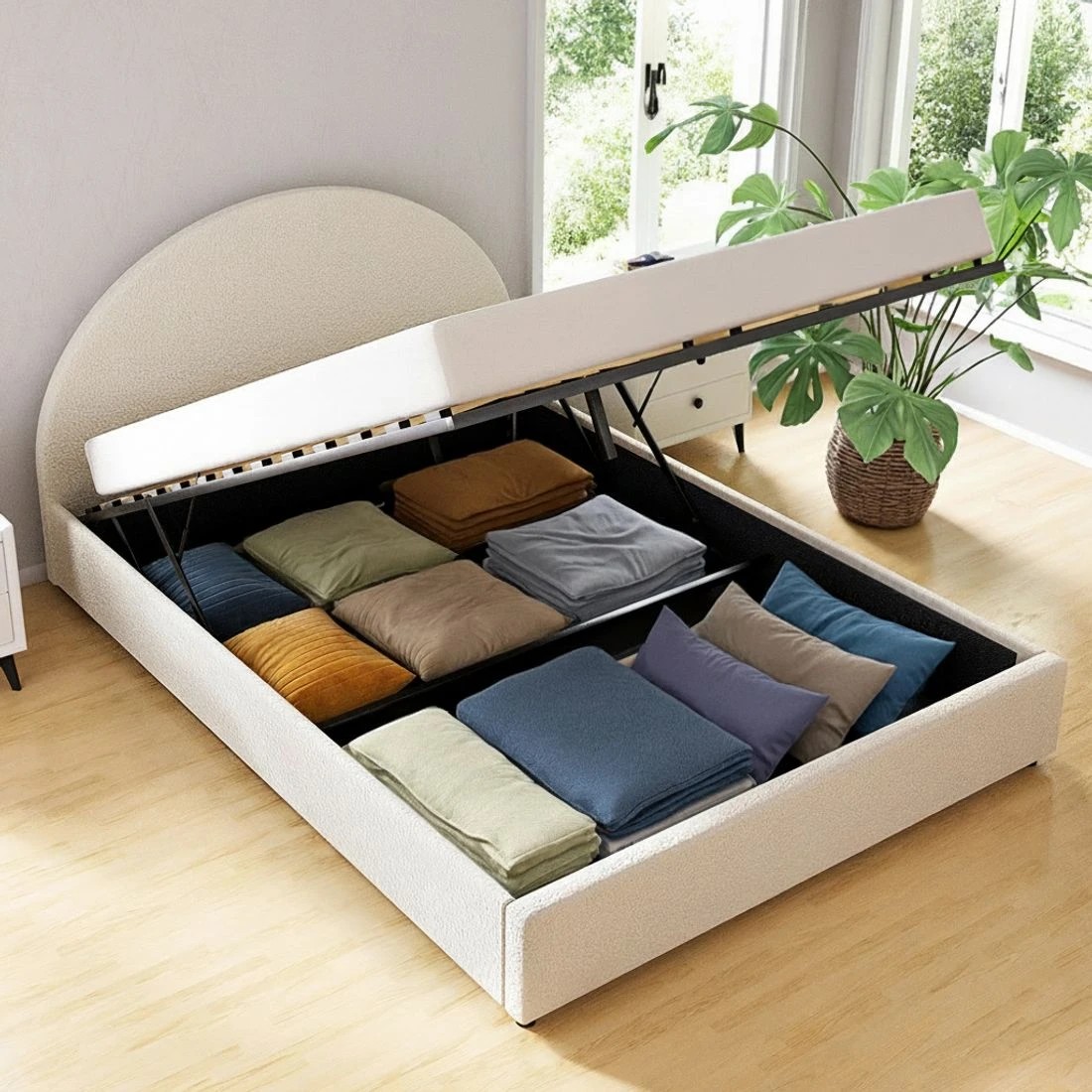 5 Artiss Bed Frame Gas Lift Strorage Beds Base Platform Boucle Fabric Double ELLA - Beige, 5 of 7