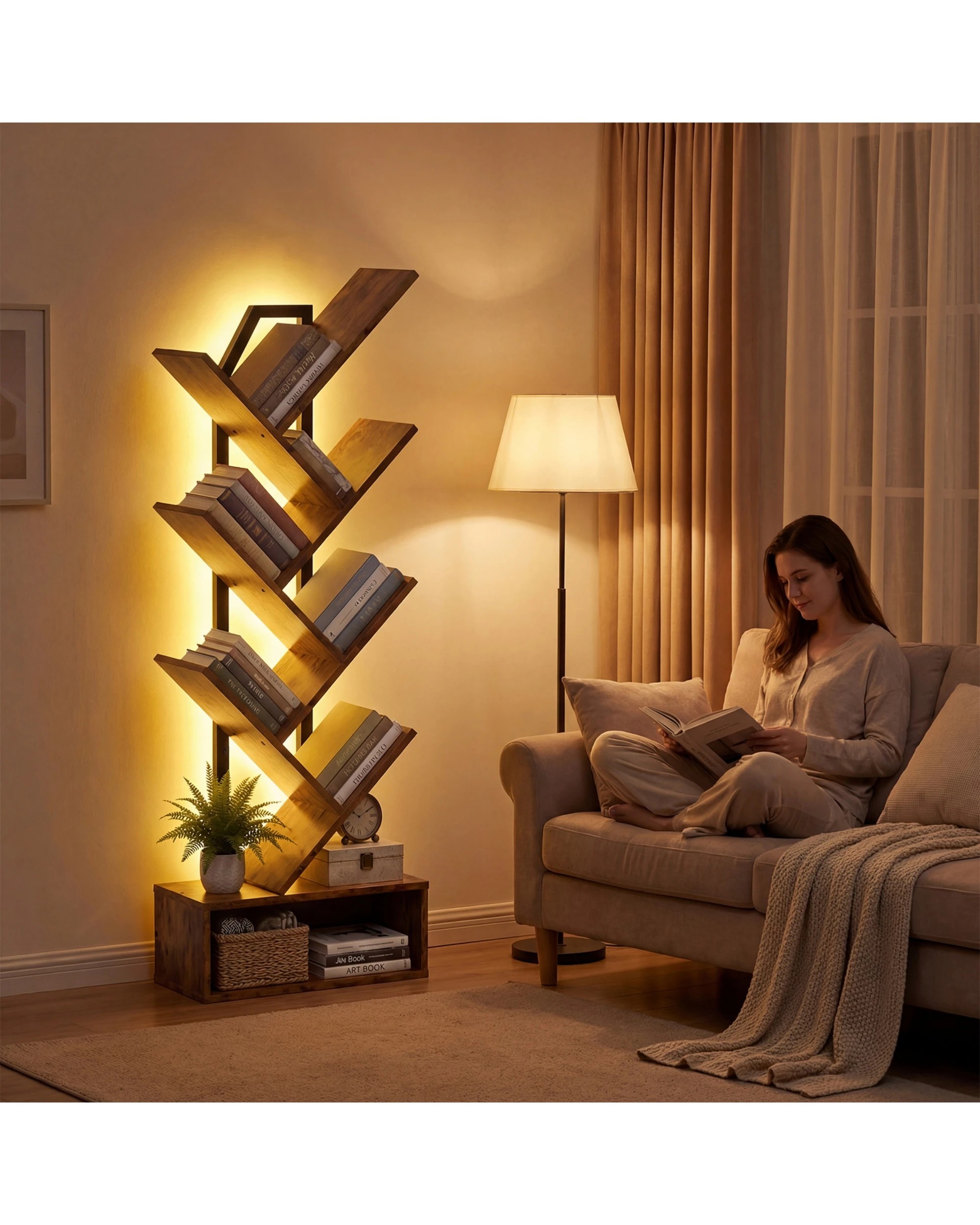 3 Advwin Tree Bookshelf with LED Lights 6-Tier Narrow Bookcase - Brown, 3 of 6