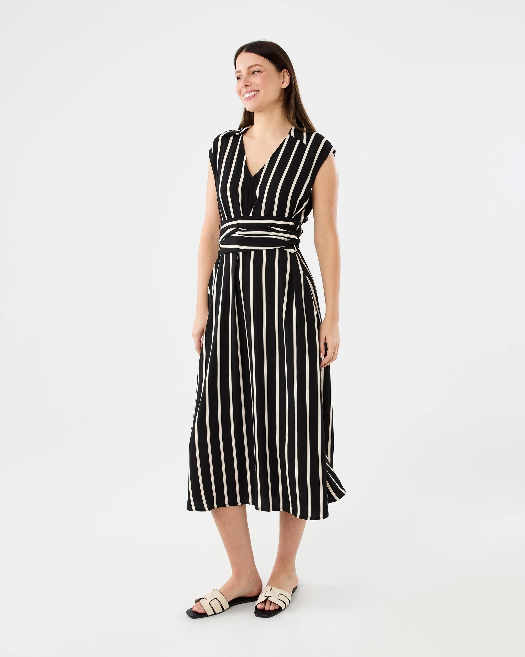 1 Short Sleeve Wrap Shirt Midi Dress Strp Blk, 1 of 8