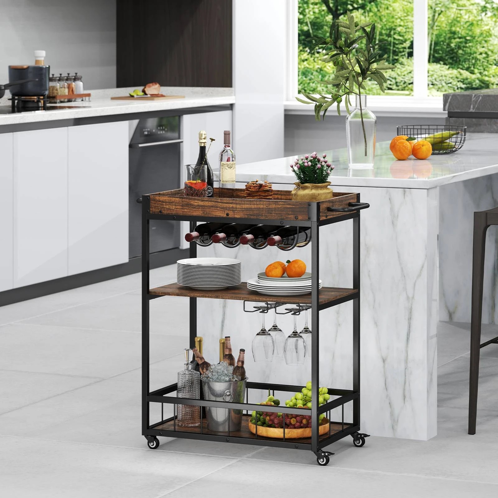 3 Costway 3-Tier Bar Cart w/Glass Holder, 3 of 5