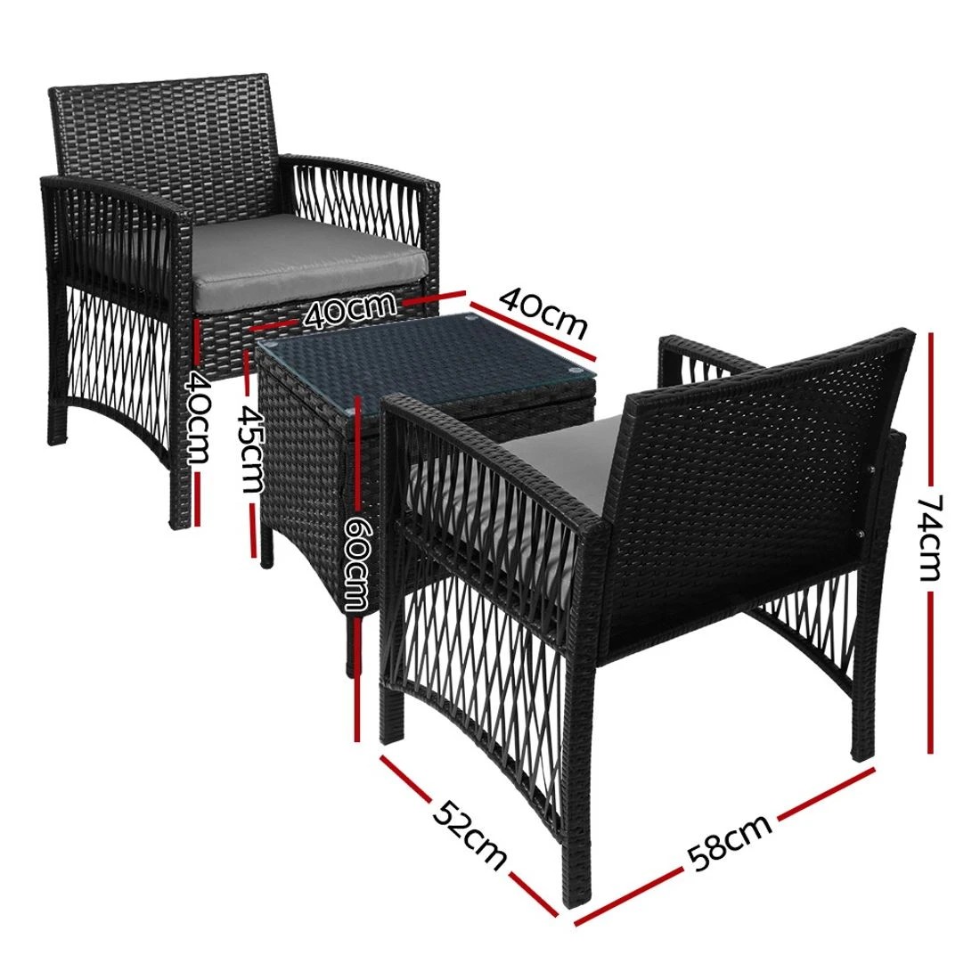 2 Gardeon 3pc Outdoor Bistro Set Patio Furniture Wicker Dining Chairs Table Cushion Patio Furniture Compact - Black, 2 of 6