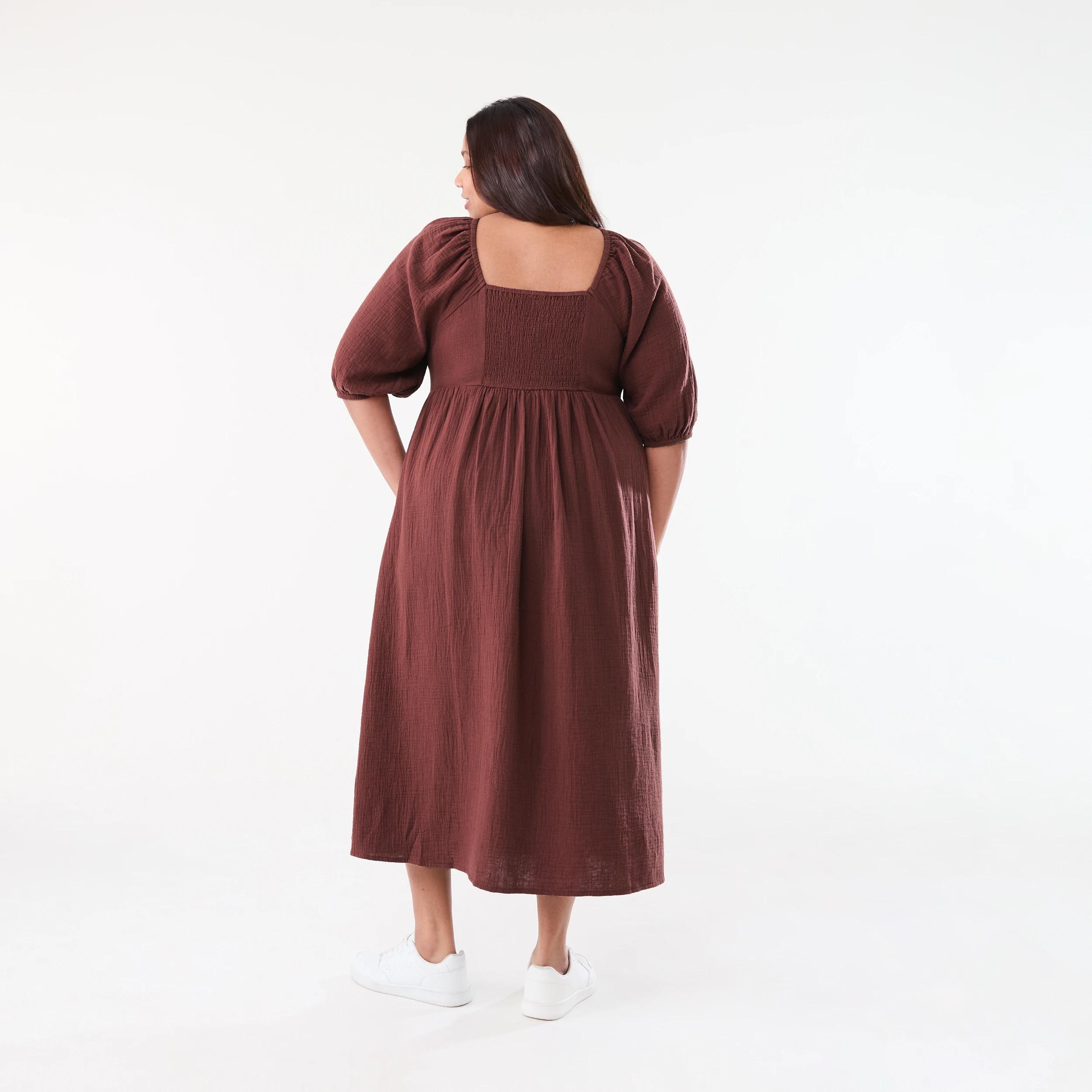 3 Curve Short Sleeve Gathered Front Midi Dress DARK HENNA, 3 of 6