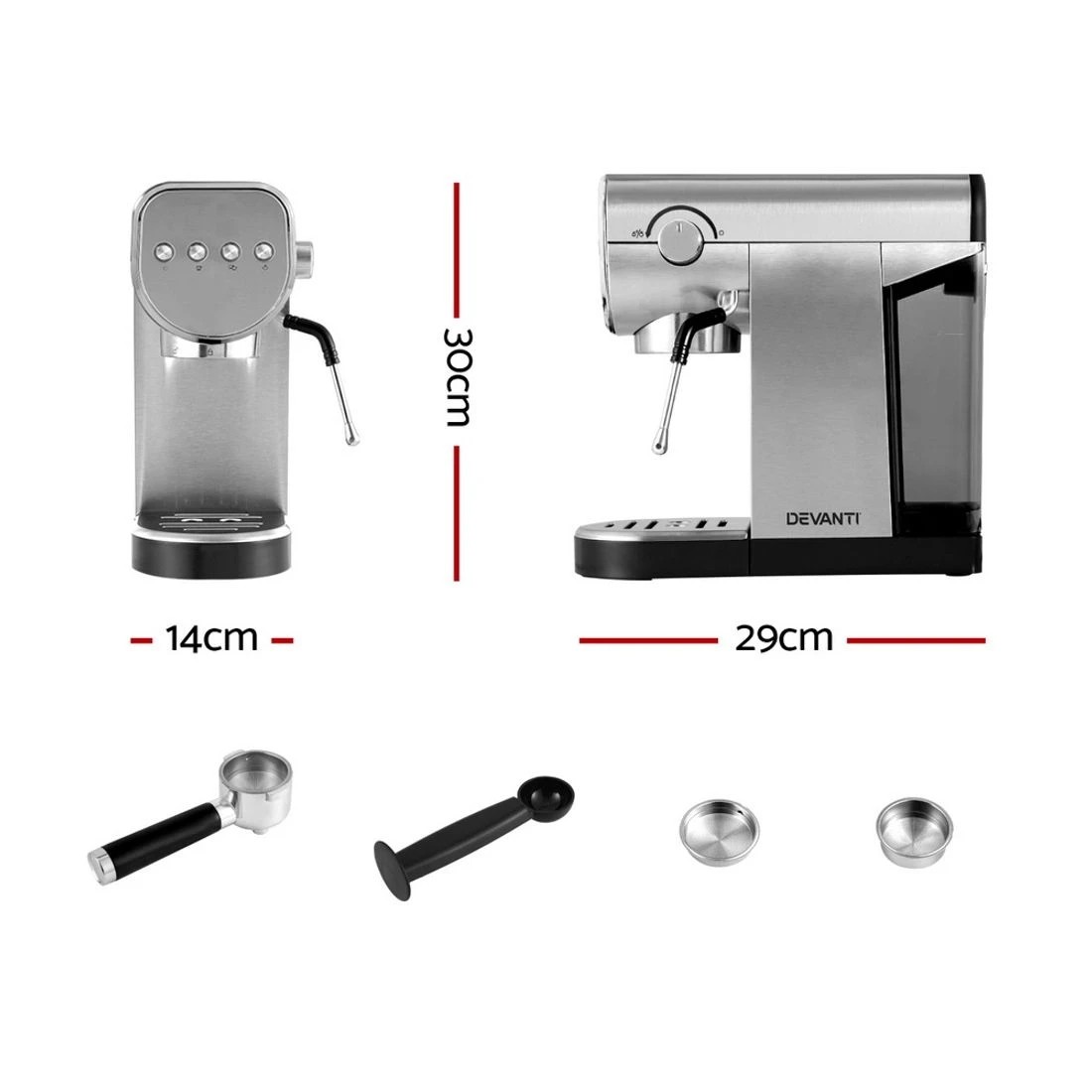 1 Devanti 20 Bar Coffee Machine Espresso Cafe Maker - Silver, 1 of 5