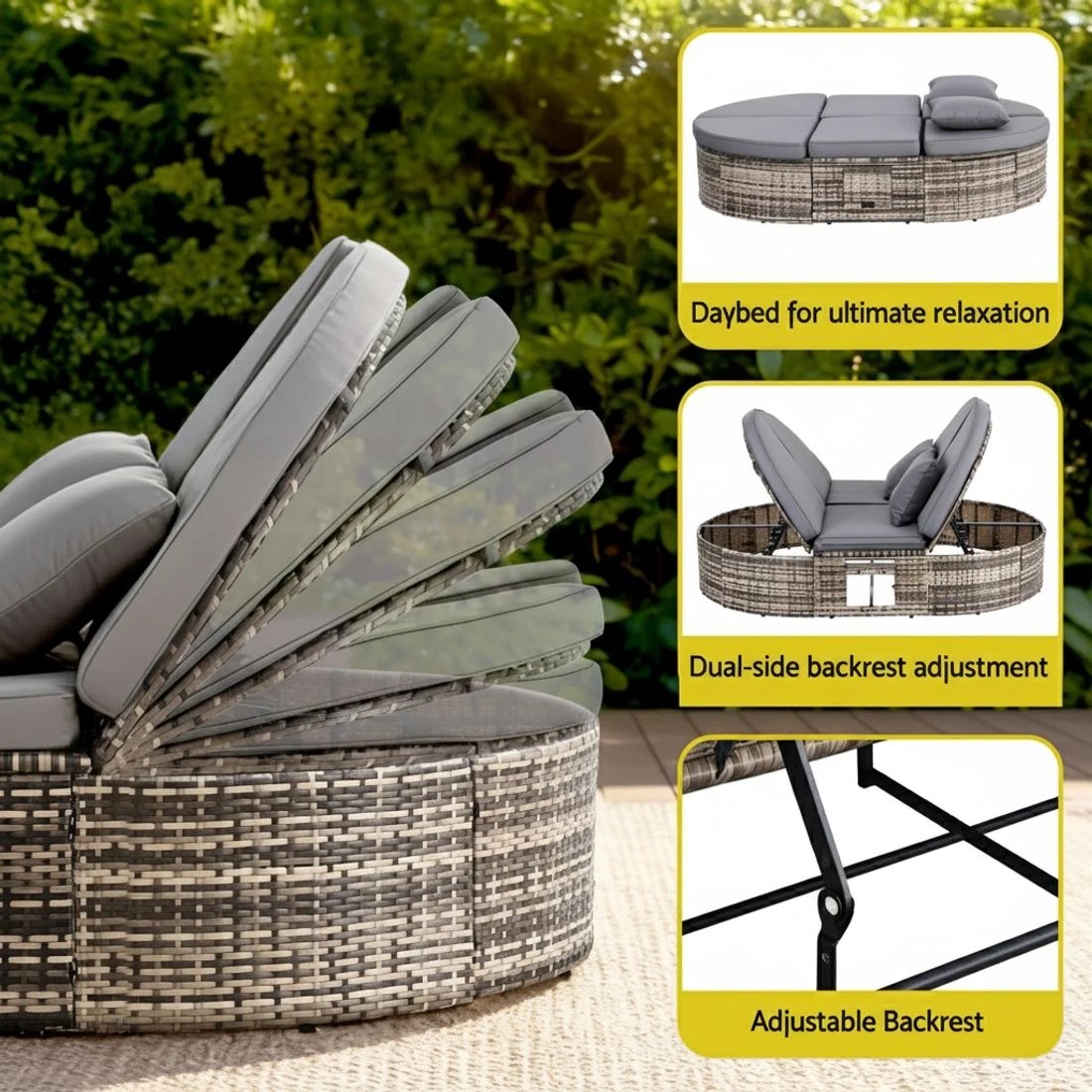 5 Gardeon Outdoor Day Bed Sun Lounge Setting Wicker Lounger Patio Furniture w/ Retractable - Grey, 5 of 7