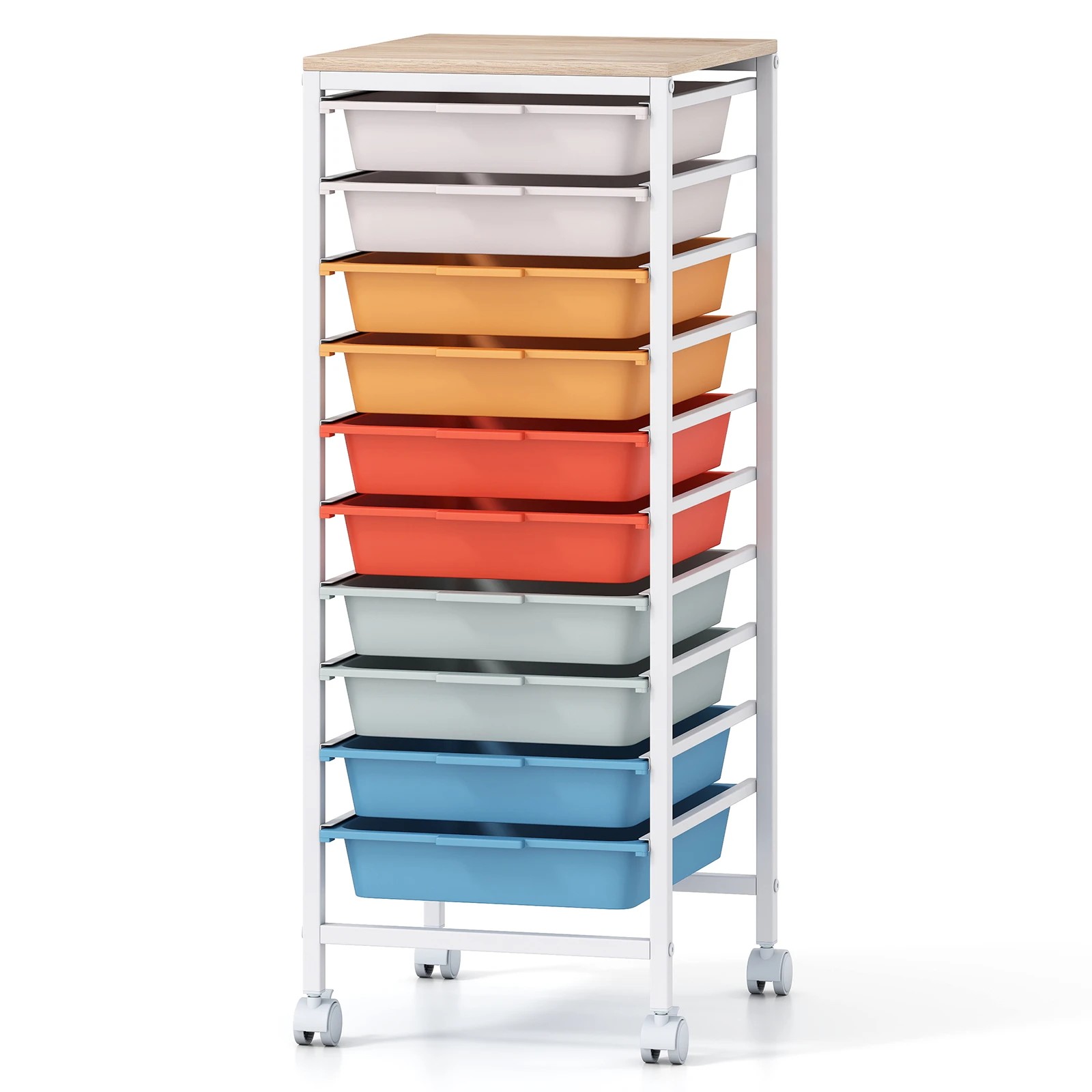 1 Costway 10-Drawer Rolling Storage Cart Mobile Utility Organizer w/Wooden Tabletop - Multi, 1 of 6