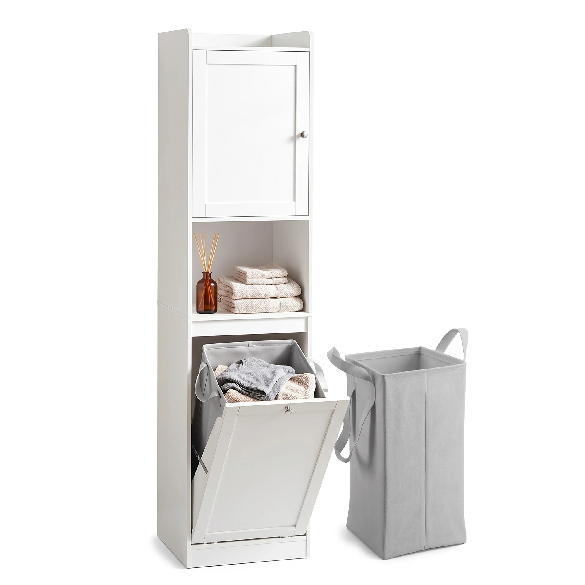 1 Artiss Tall Bathroom Storage Cabinet with Tilt Out Laundry Hamper 170cm- White, 1 of 10