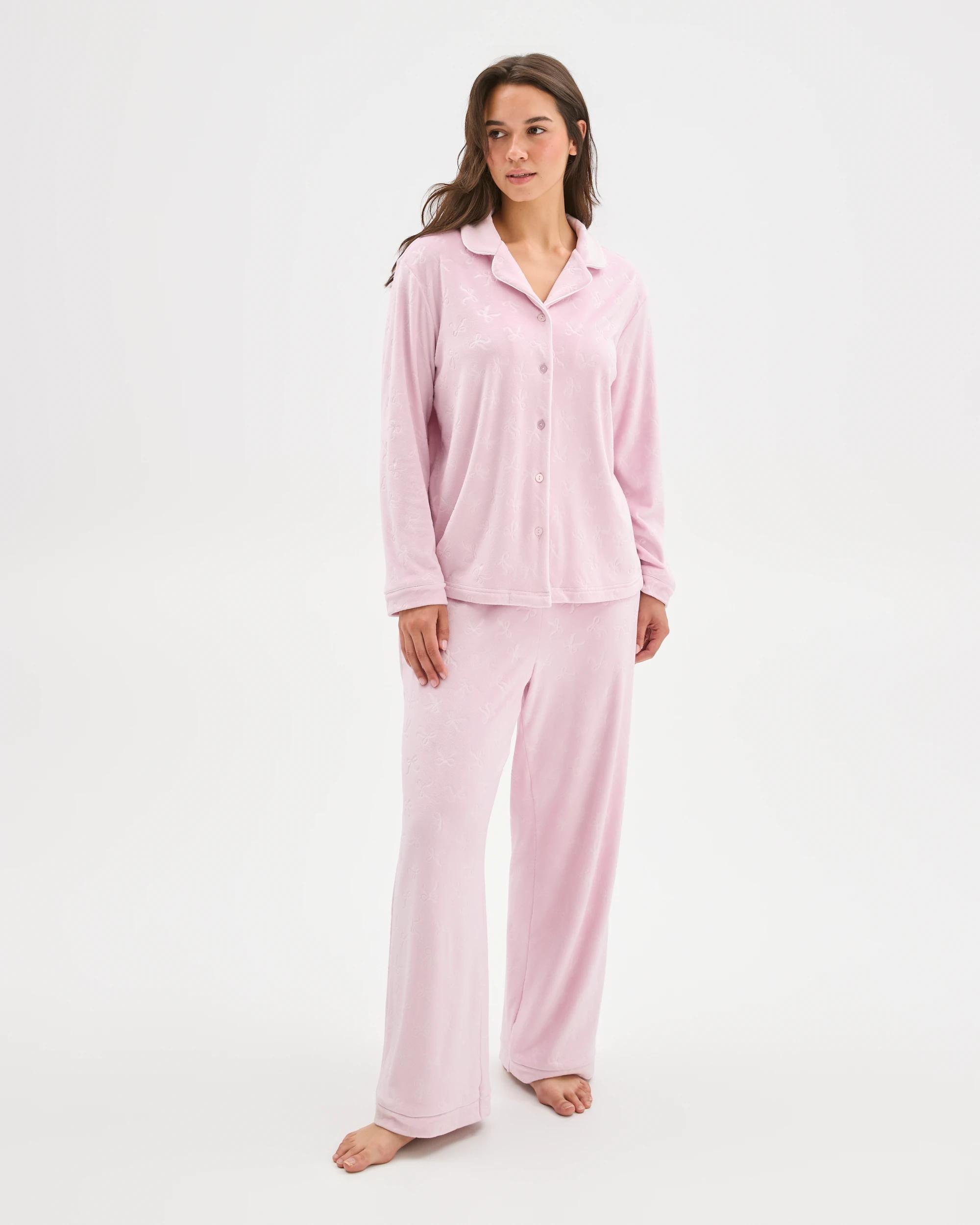 1 Target Woman Embossed Fleece Long Sleeve Pyjama Set PINK BOW, 1 of 6