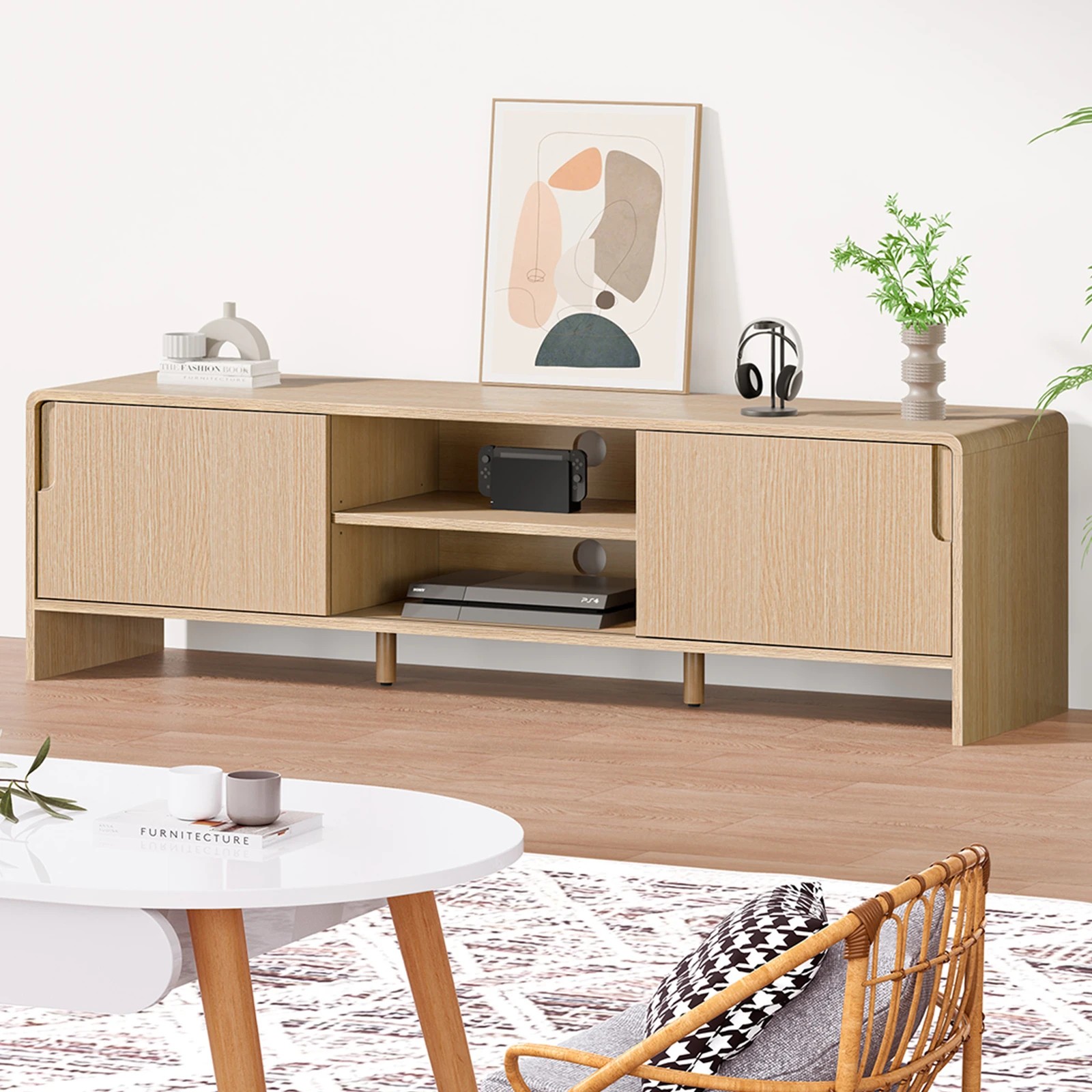 2 Alfordson TV Cabinet Entertainment Unit Stand 150cm Storage Sliding Doors - Oak, 2 of 10