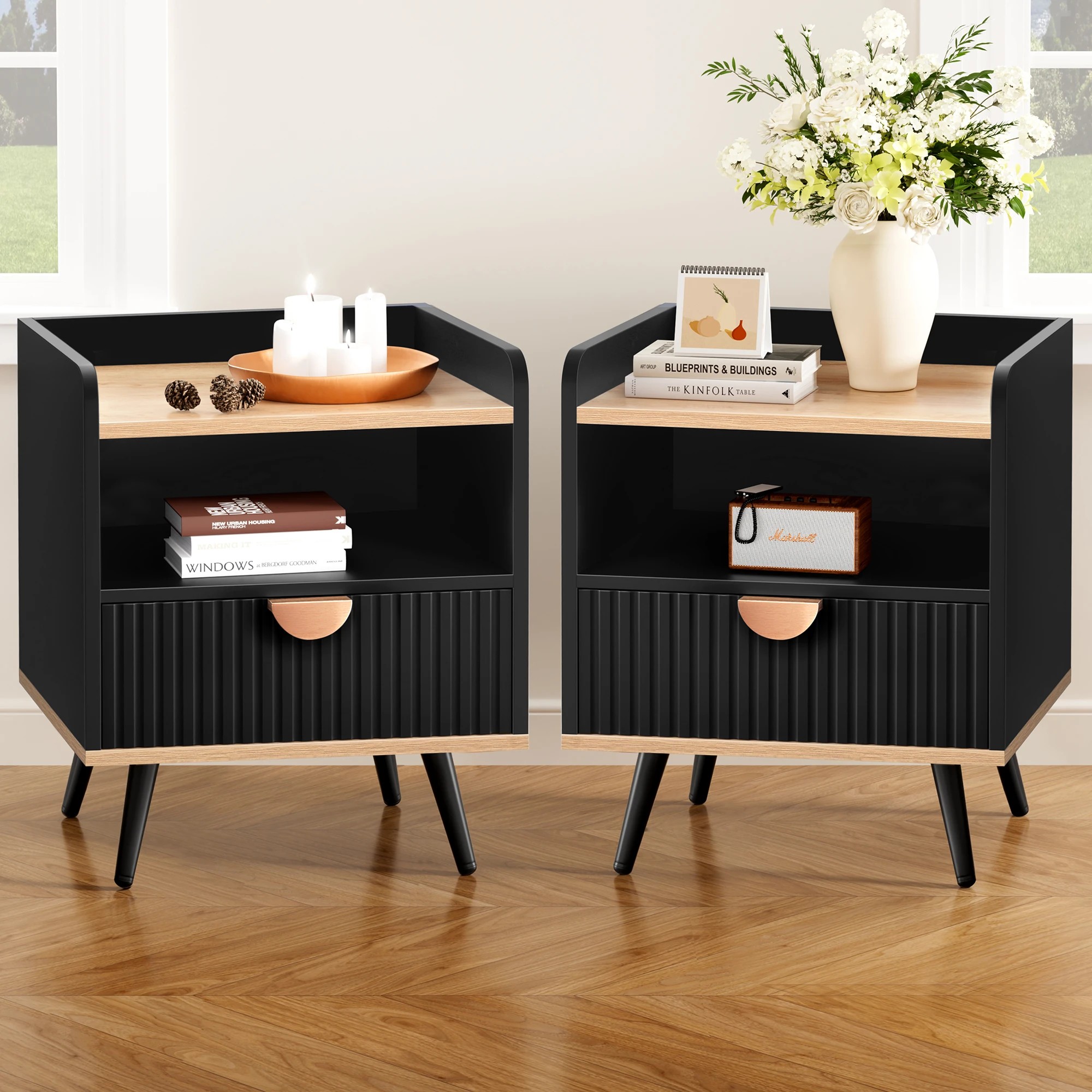 2 Alfordson 2x Alfordson Bedside Table with Drawer - Black, 2 of 9