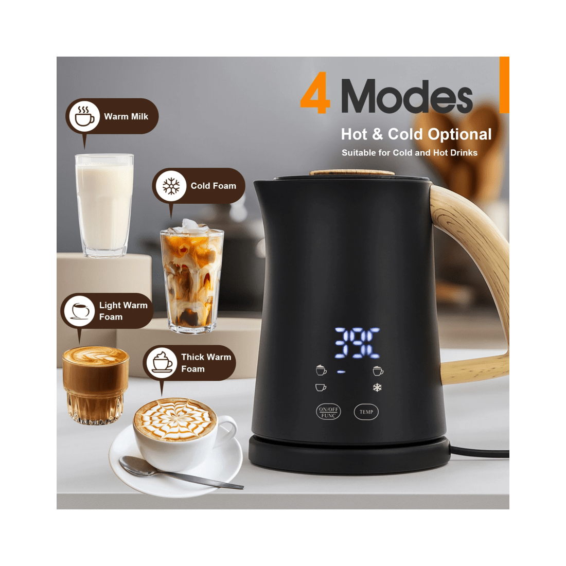 2 Advwin Electric Milk Frother, 4-in-1 Hot & Cold Frothing Coffee Steamer Frother, Digital Display Foam Maker, 2 of 7