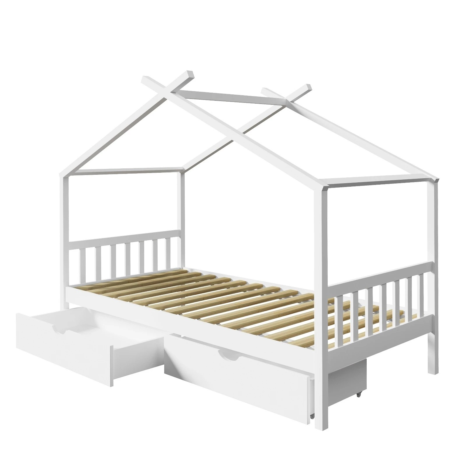 1 Oikiture Bed Frame Wooden Single Size Timber House Frame Storage Drawers
 - White, 1 of 10