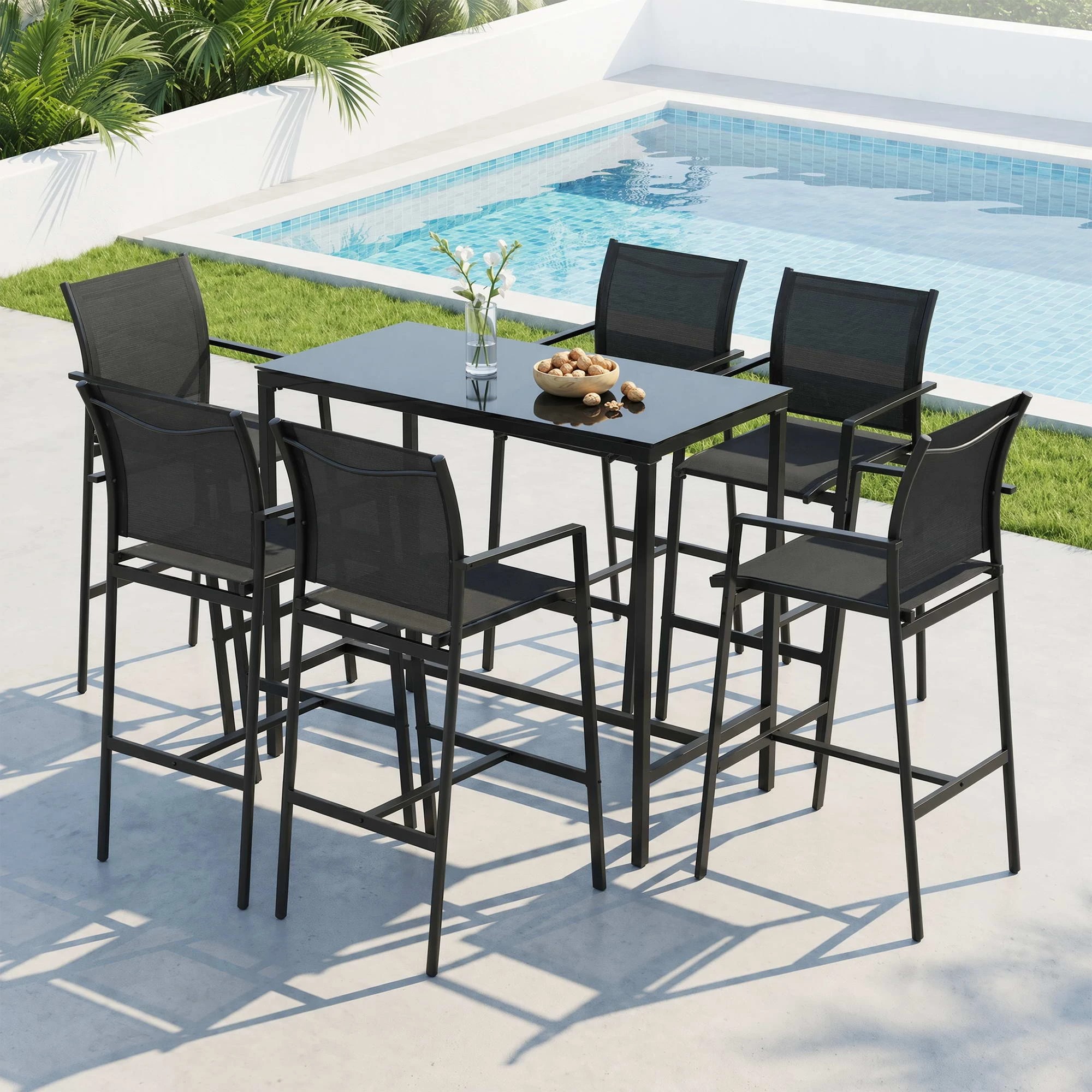5 Gardeon 7PCS Outdoor Bar Set Stools Dining Chairs Table Patio Steel Bistro Set - Black, 5 of 7