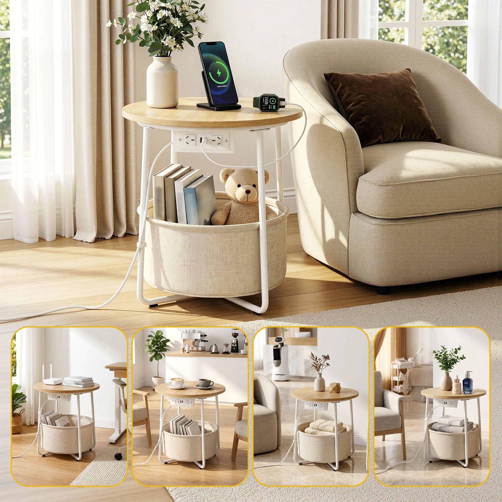 8 Artiss Round Coffee Table Side End Bedside Table Charging Station Storage Basket Wood - Beige, 8 of 9
