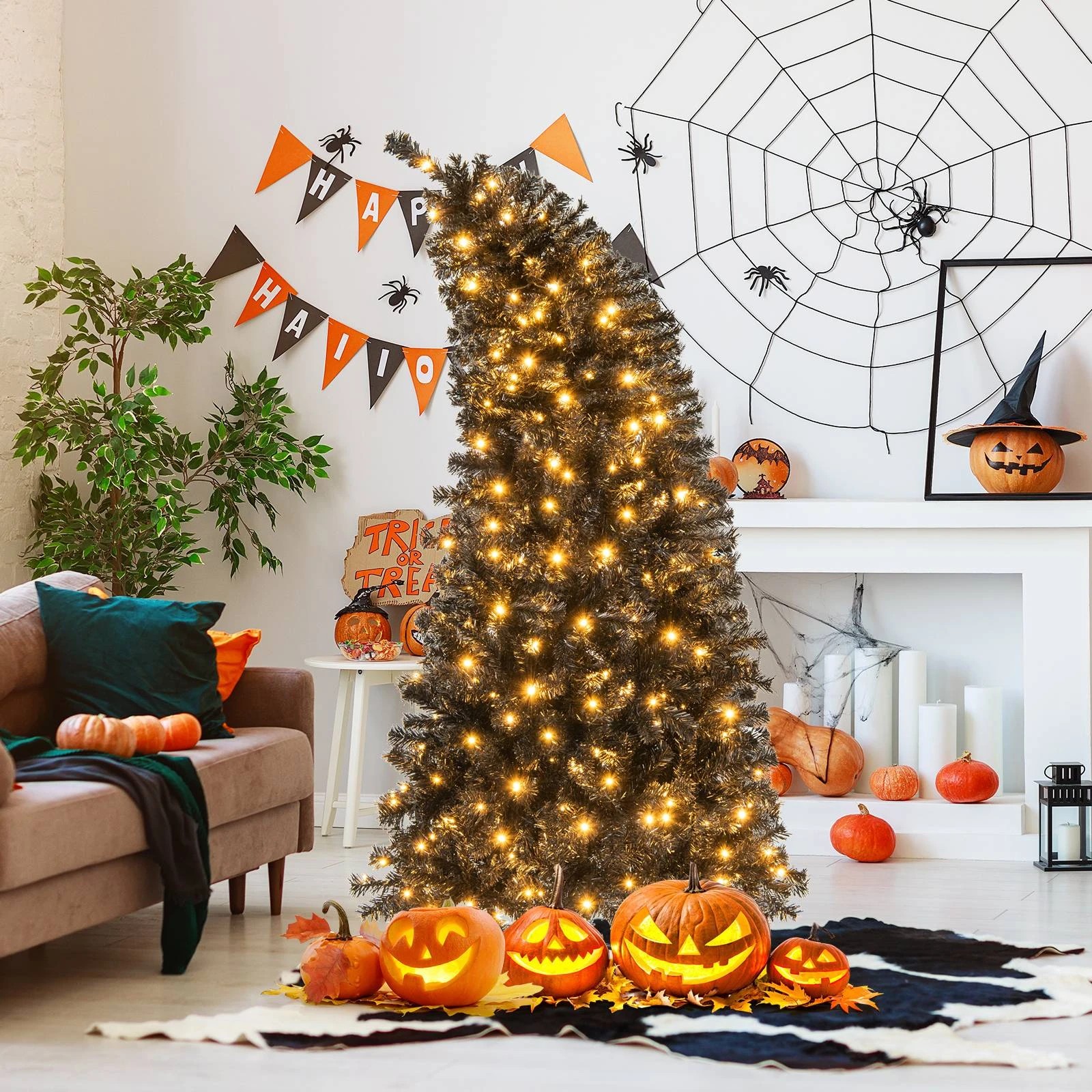 2 Costway 185cm Halloween Christmas Tree w/Bendable Top Black Holiday Decor 260 LEDs, 2 of 2