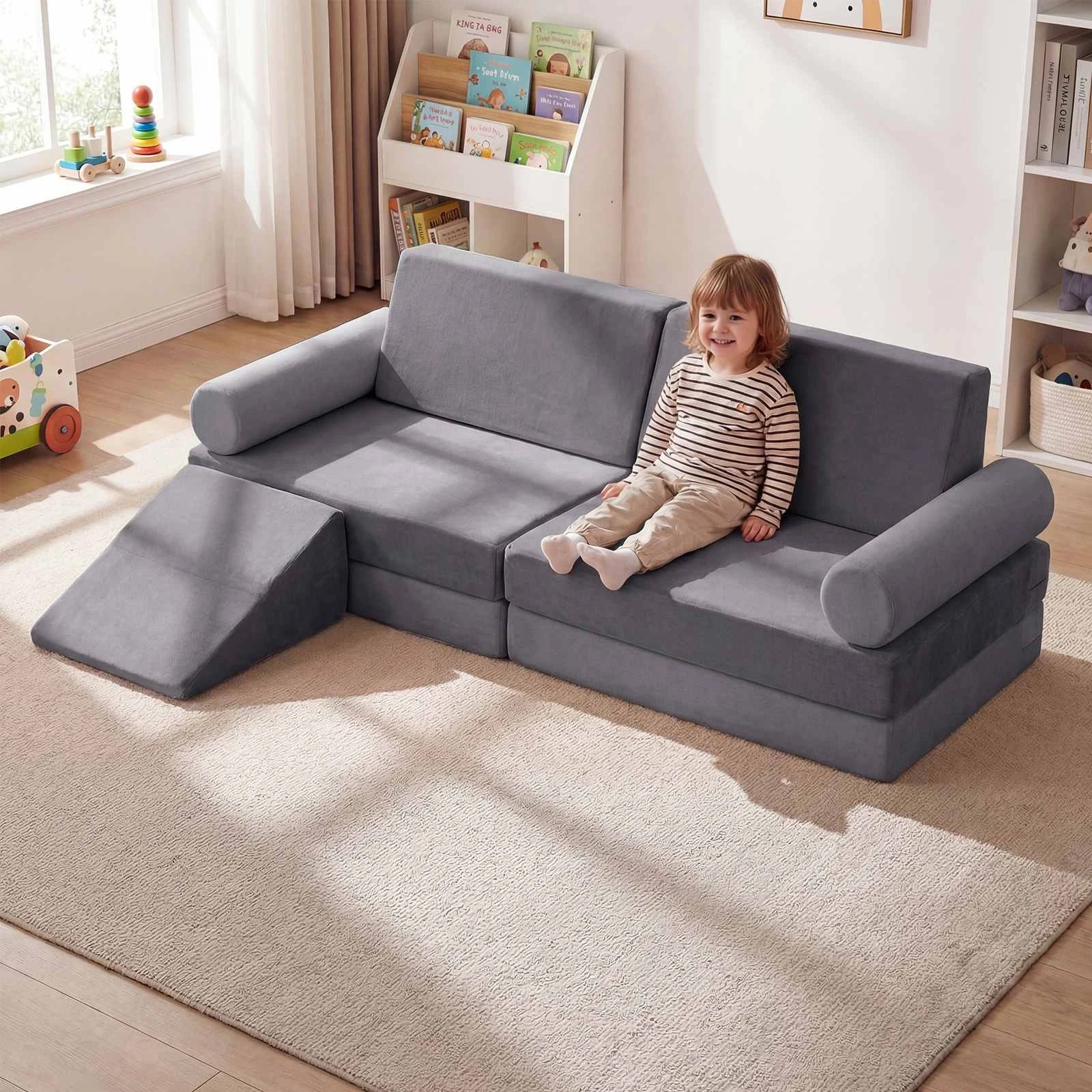 3 Costway 10pcs Sofa Bed Modular Play Couch Climb & Crawl Foam Playset - Grey, 3 of 3