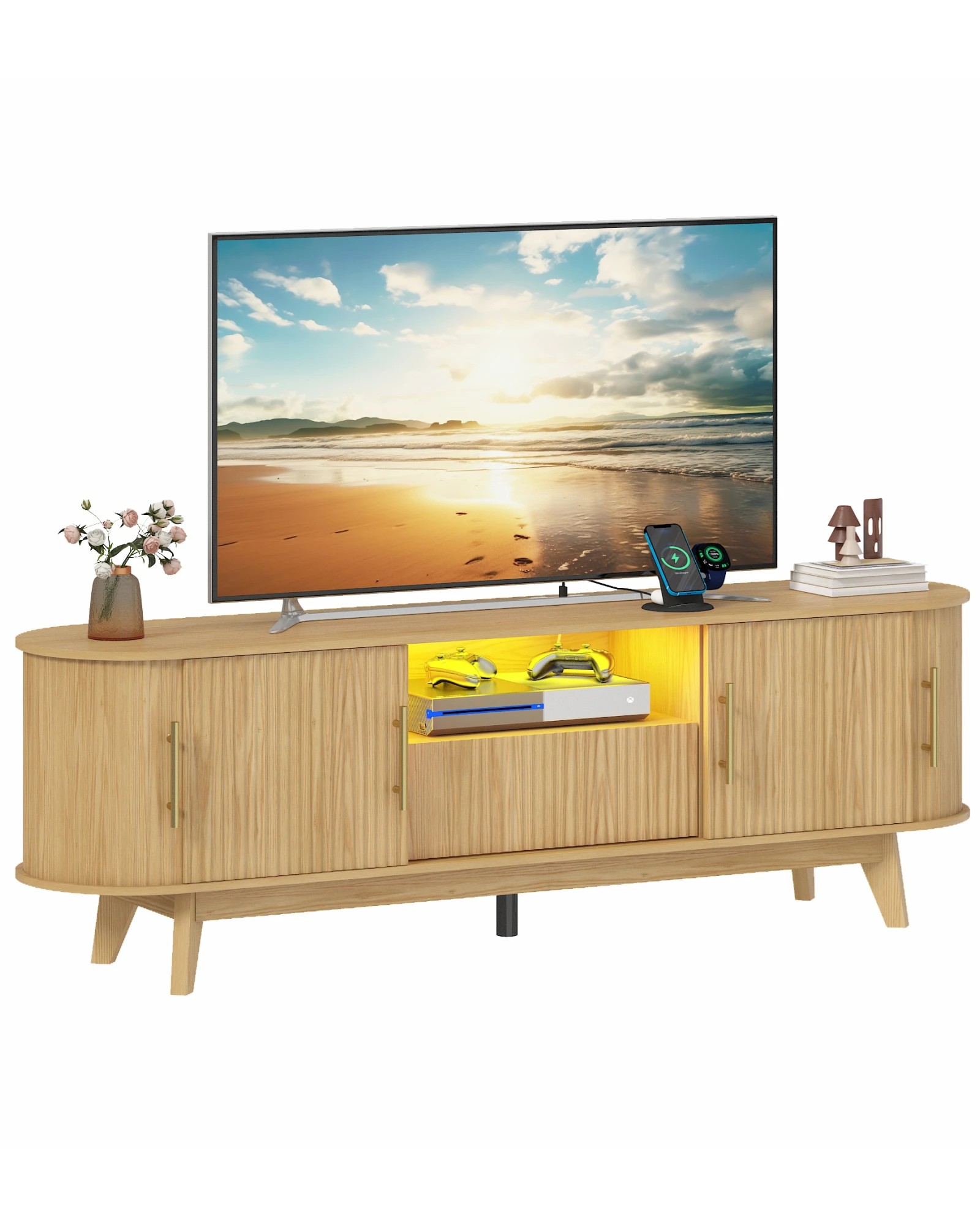 1 Advwin 160cm TV Unit Cabinet with Power Outlet and LED Light Entertainment Center TV Stand with Sliding Door - Natural, 1 of 10