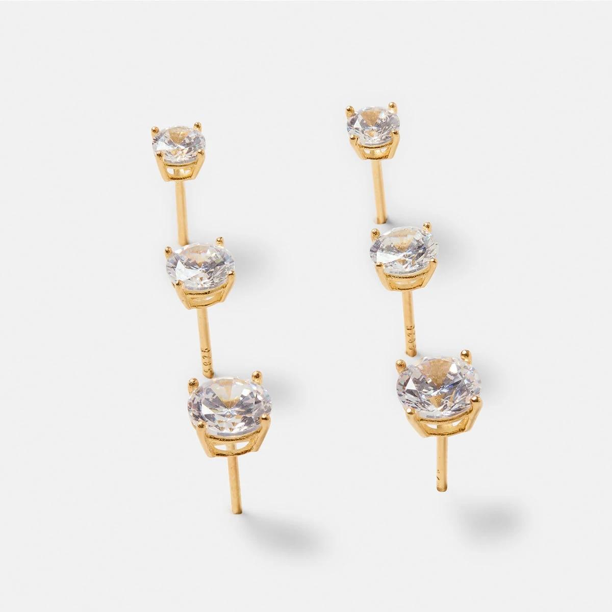 2 3 Pack Gold Plated Sterling Silver Diamante Stud Earrings Gold, 2 of 5