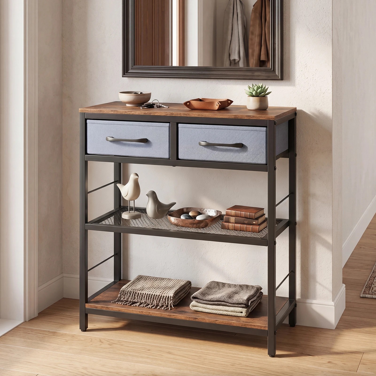 4 Costway 3-Tier Narrow Console Table w/2 Fabric Drawers Behind Sofa Table - Brown, 4 of 6