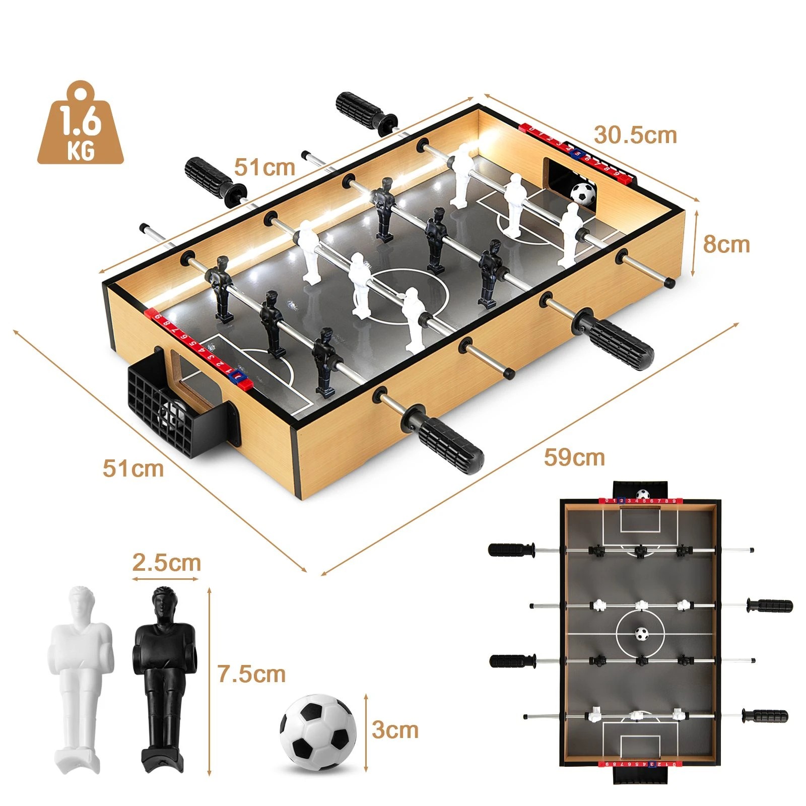 3 Costway 60cm Mini Tabletop Football Table Compact Soccer Table w/LED Lights Realistic Players 2 Balls, 3 of 3