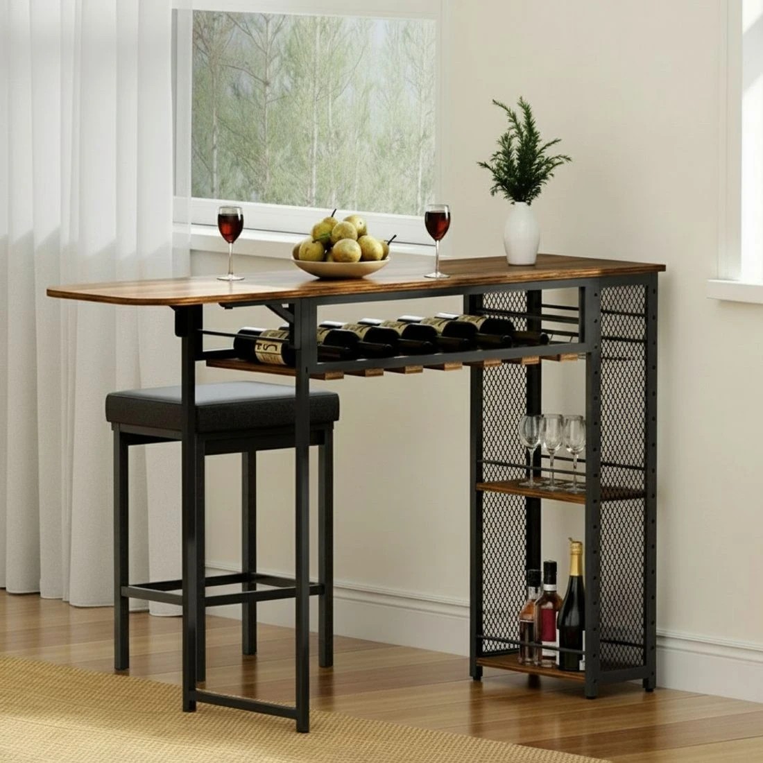 6 Artiss Industrial Bar Table with Wine Rack Built-in Cup Holder Extendable 140cm - Brown, 6 of 8