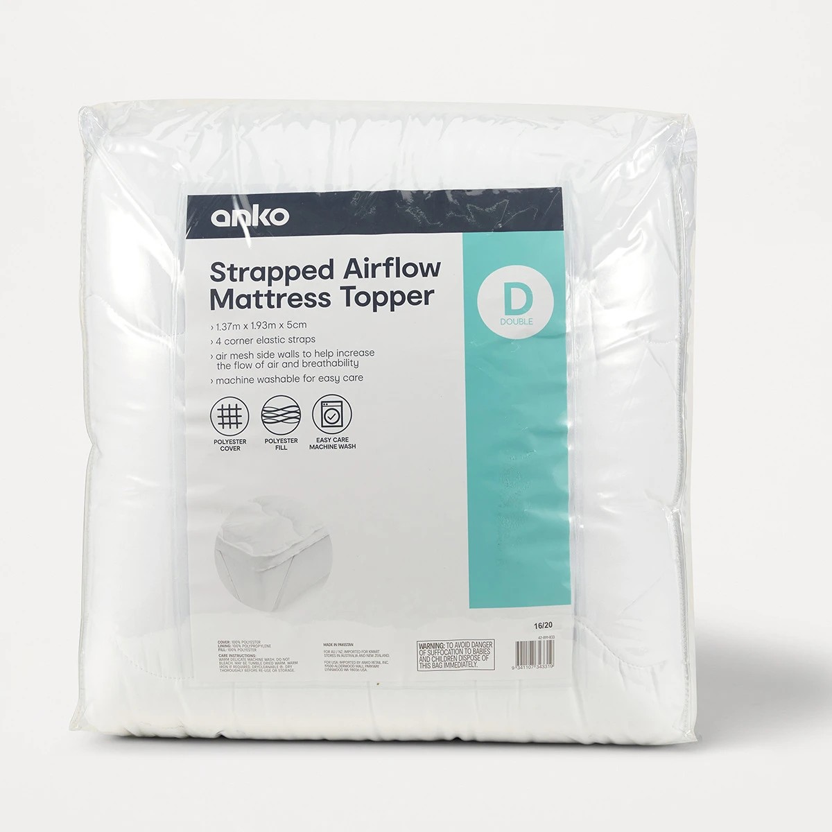 1 Strapped Airflow Mattress Topper - Double Bed, White, 1 of 5