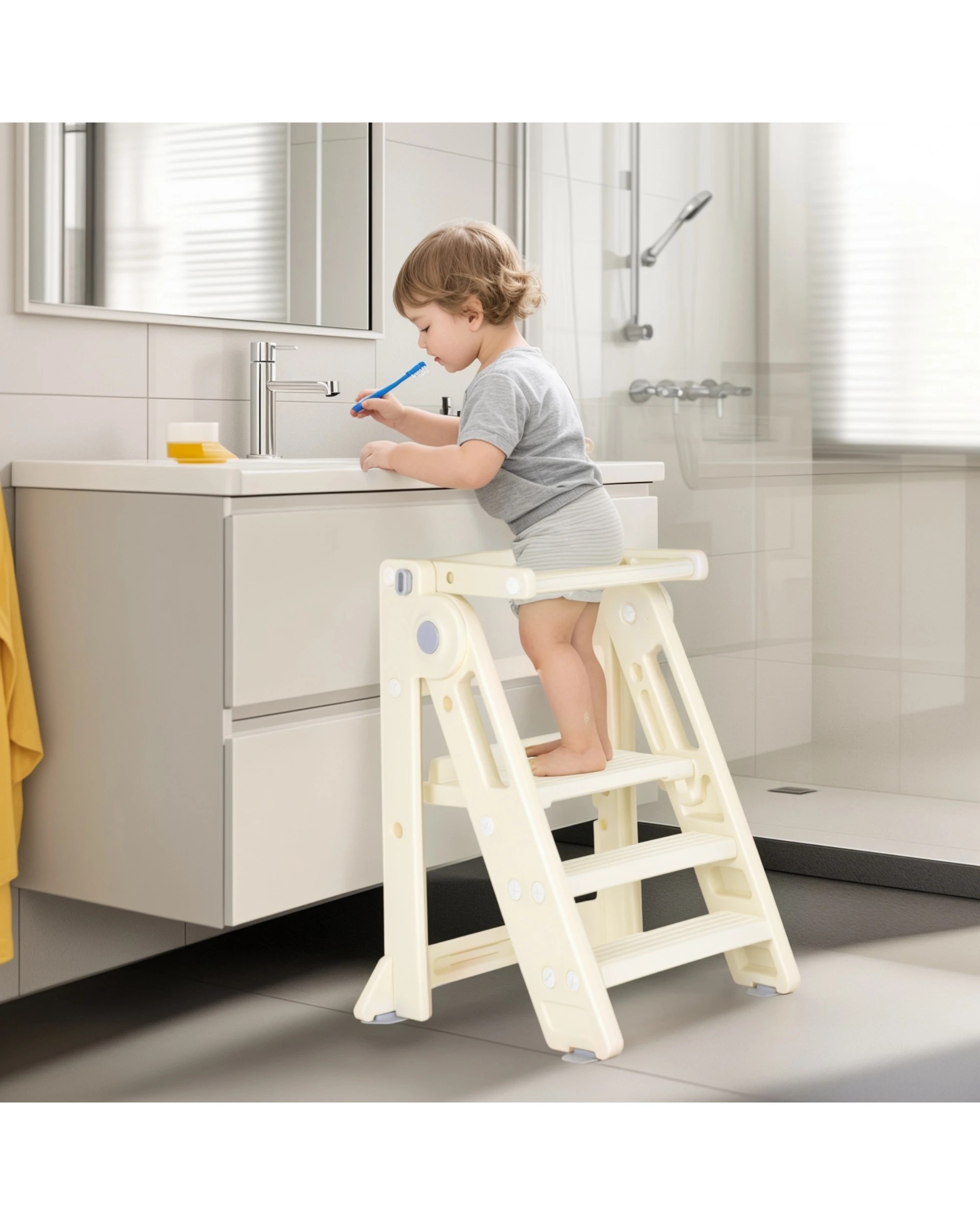 9 Advwin Foldable Kids Step Stool Adjustable Standing Tower Kitchen Helper with Safety Rail, 9 of 10
