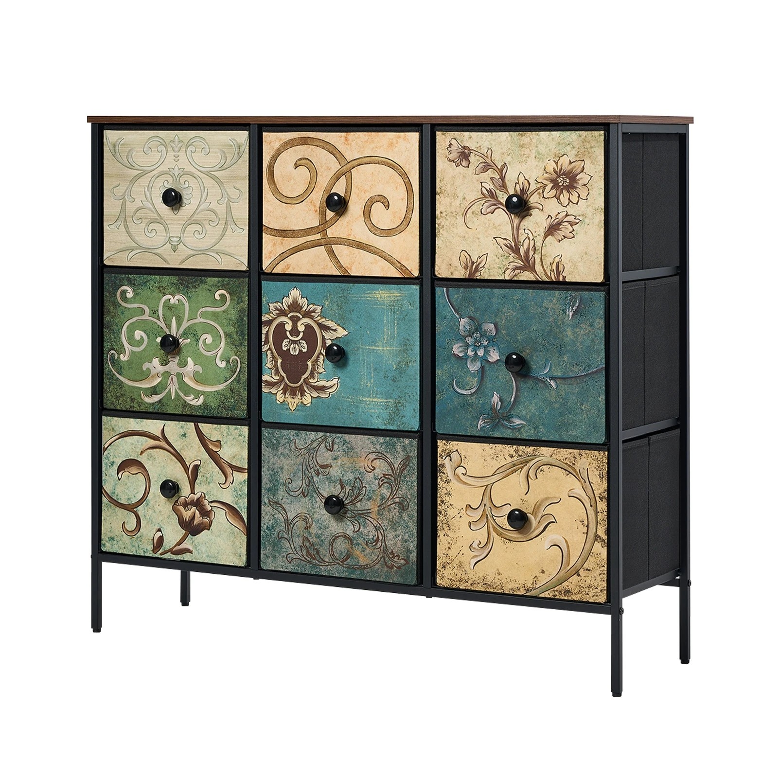 1 Oikiture 9 Chest of Drawers Fabric Storage Cabinet Retro Dresser Vintage Lowboy - Multi, 1 of 6