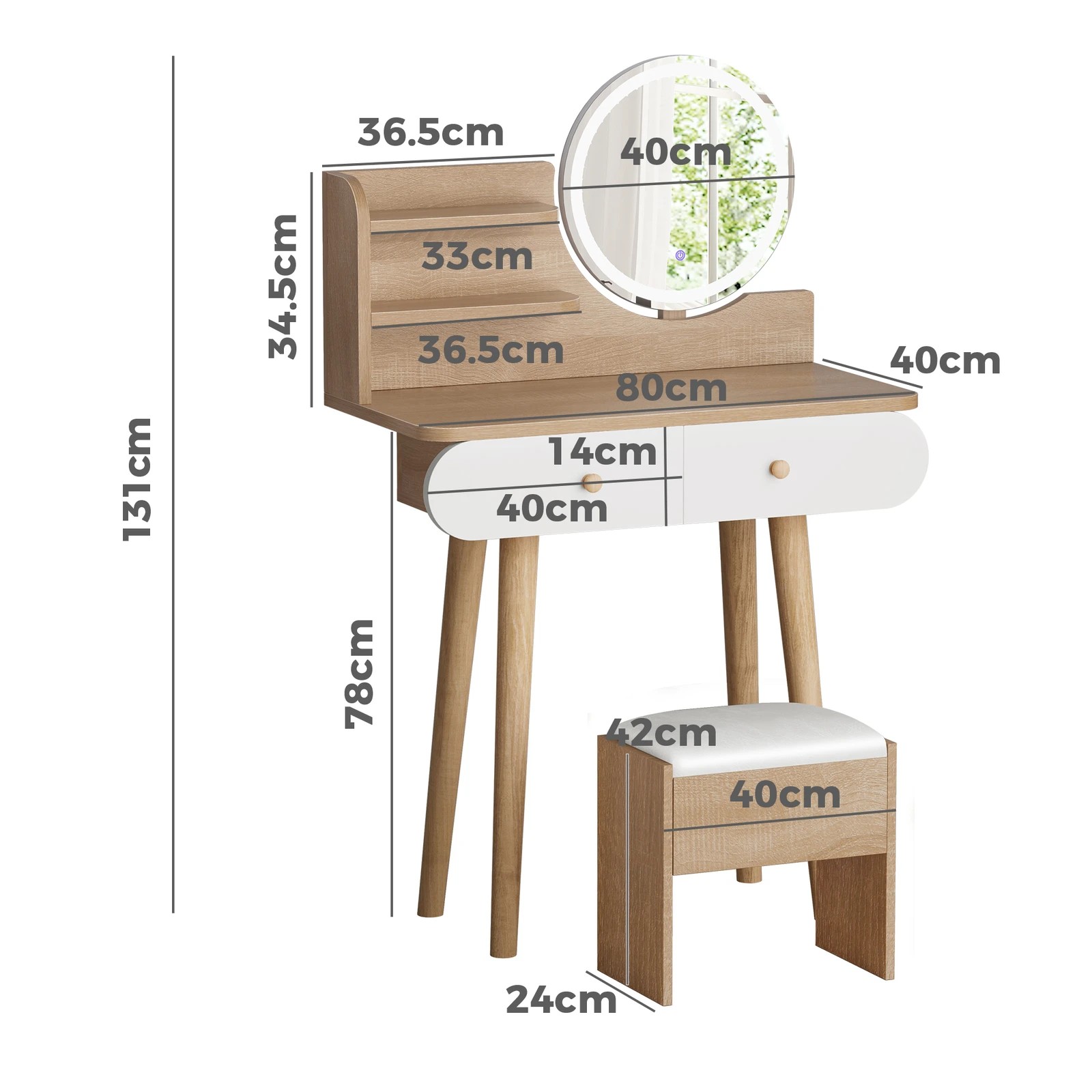 5 Alfordson Dressing Table Stool Set Makeup Mirror Vanity LED Light - Natural, 5 of 10