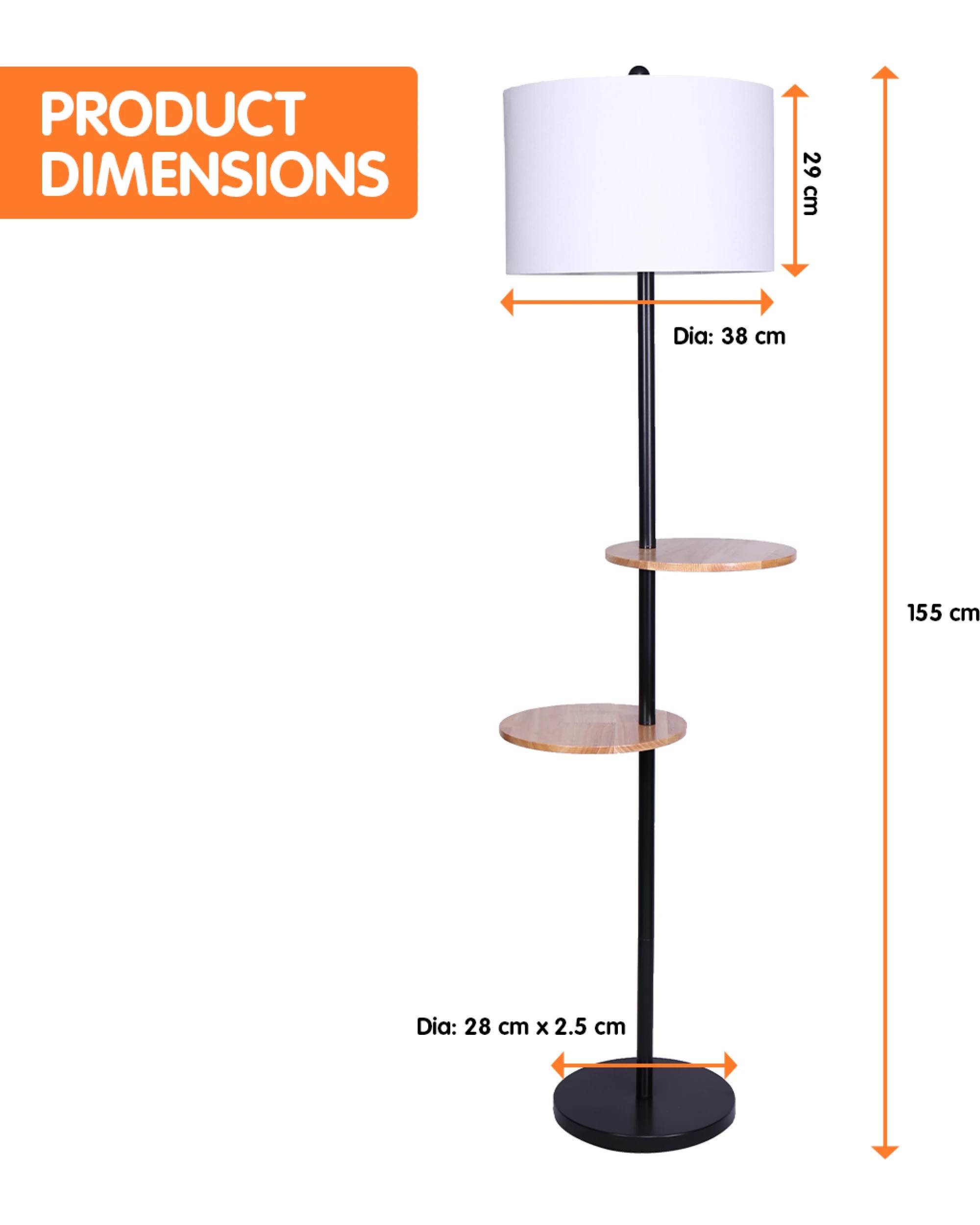 2 Sarantino Metal Floor Lamp Shade With Black Post In Round Wood Shelves, 2 of 6