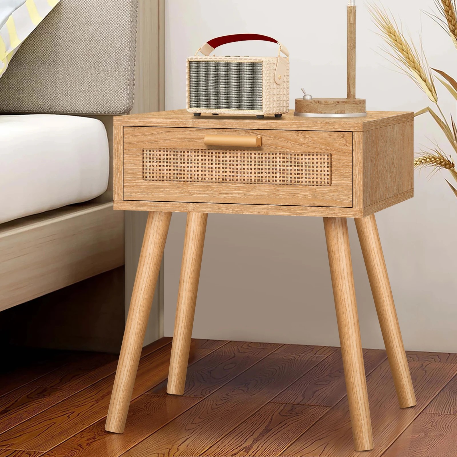 2 Alfordson 2x Bedside Table Nightstand Side Storage Rattan - Oak, 2 of 10