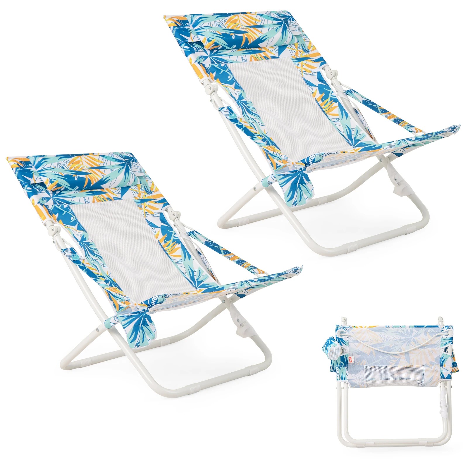 1 Costway 2x Folding Beach Chair Portable Patio Sling Chairs w/Head Pillow - Blue, 1 of 1