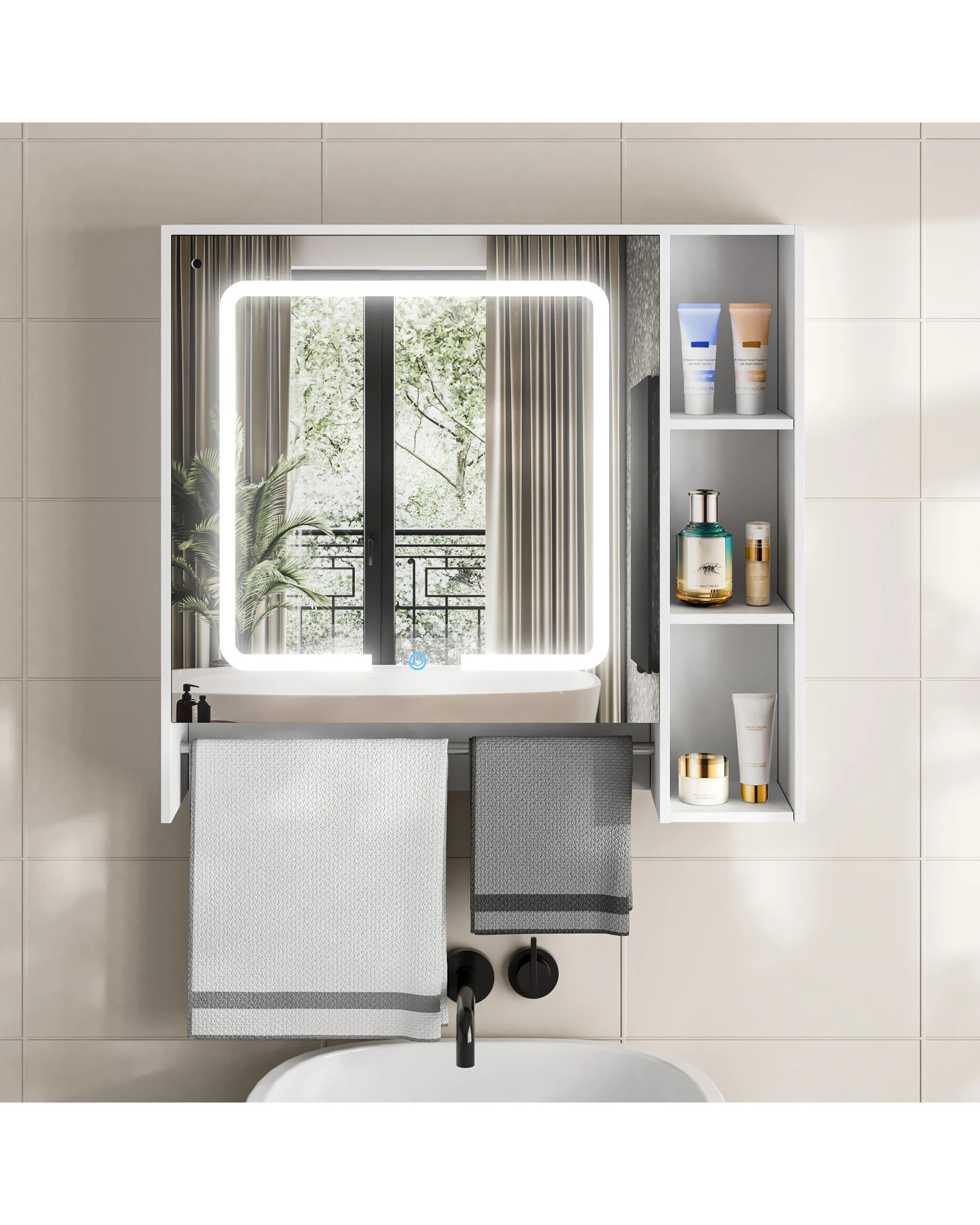 2 Advwin 730 x 700mm Cabinet LED Medicine Storage Mirror Shaving Cupboard w/ Tower Rack, 2 of 9