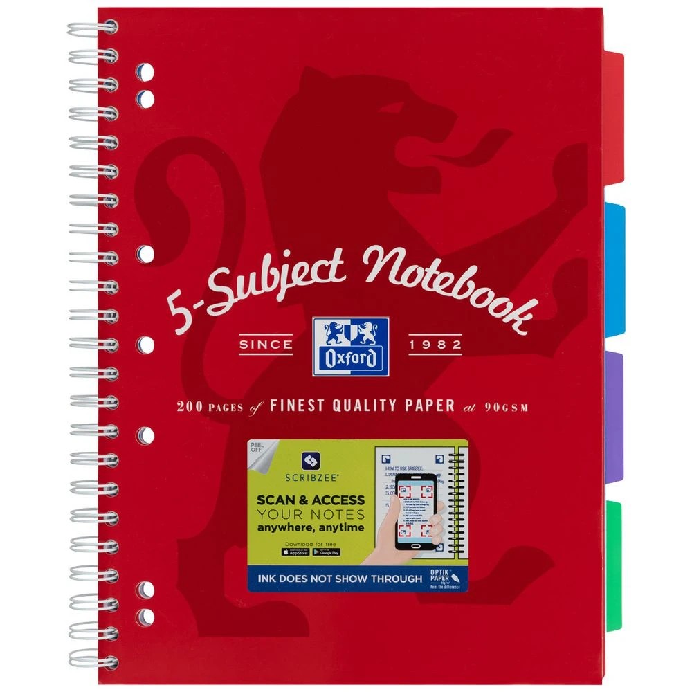 1 Oxford A4 5 Subject Notebook 200 Pages with Scribzee App Red, 1 of 7