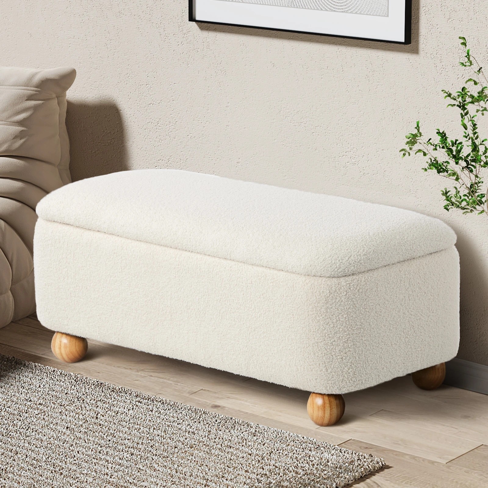 3 Oikiture Storage Ottoman Bench Ball Feet Teddy Boucle - Beige, 3 of 10