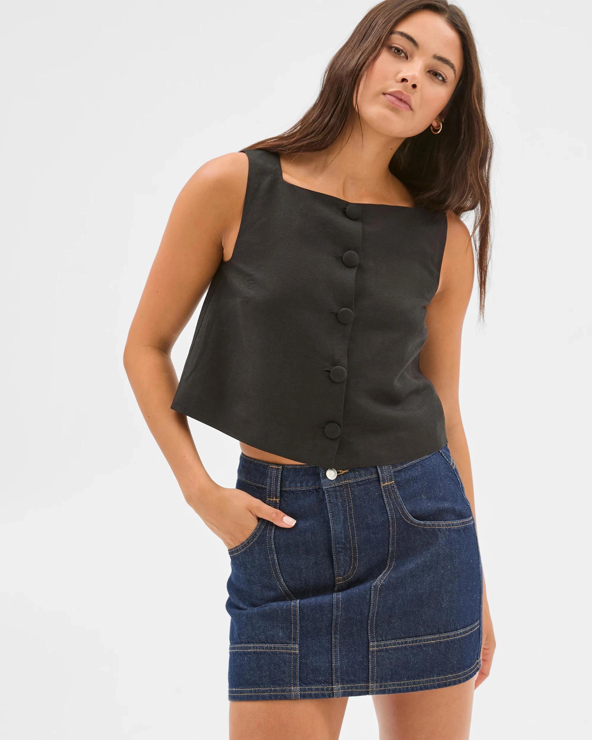 2 European Linen Blend Button Through Shell Top - Lily Loves BLACK, 2 of 6