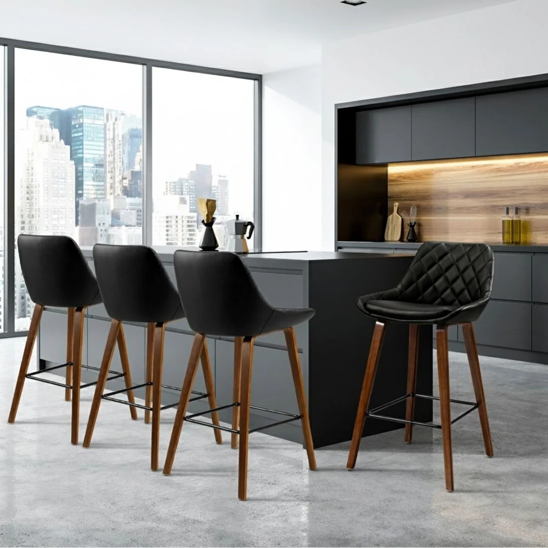 3 Artiss 4x Bar Stools PU Seat Wooden - Black, 3 of 5