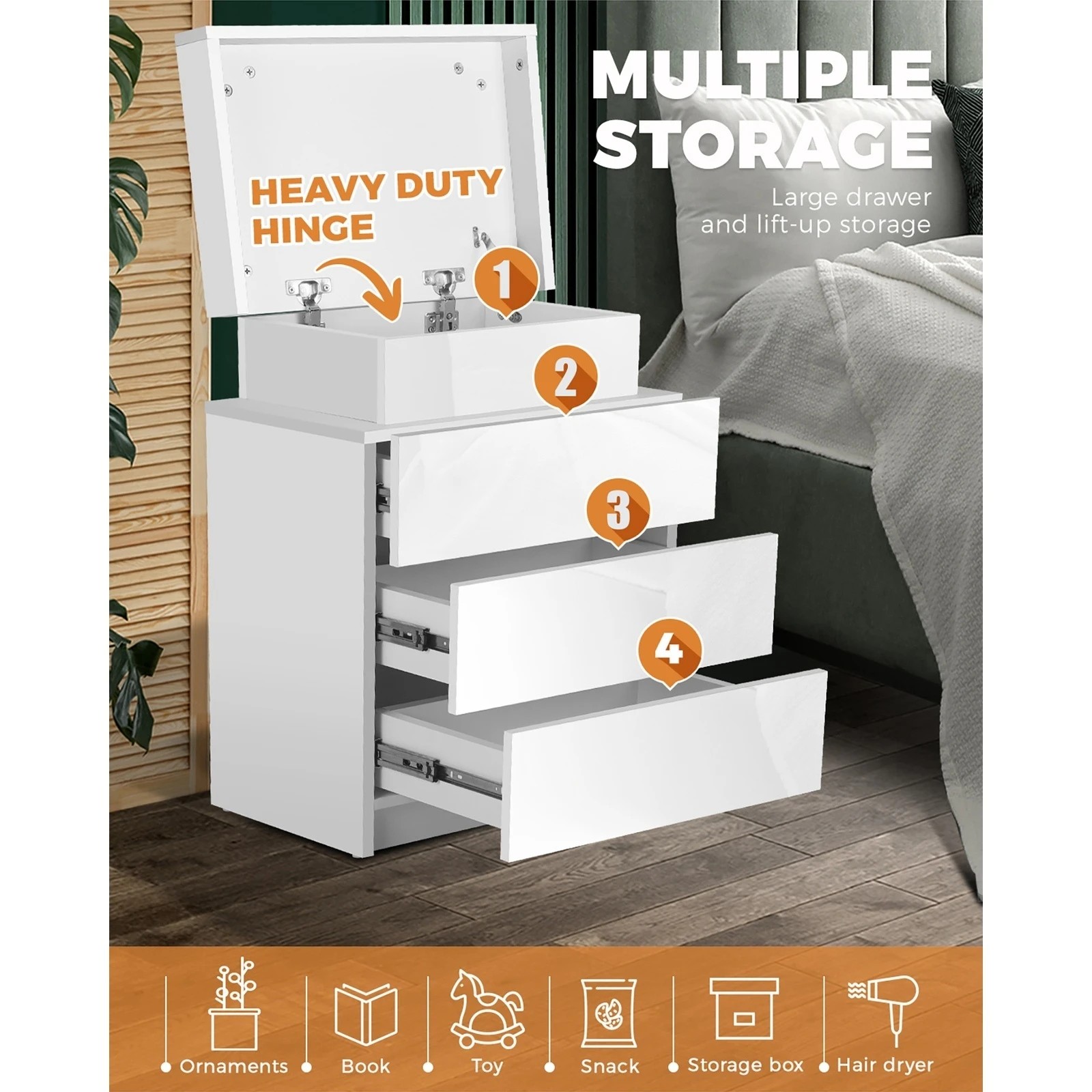 5 Oikiture Bedside Table Rgb Led 3 Drawers Nightstand Cabinet
 - White, 5 of 8