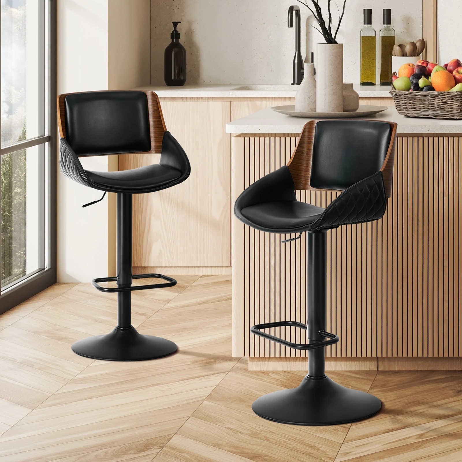 3 Oikiture 2x Bar Stools Kitchen Dining Chairs Swivel Gas Lift Stool Leather - Black, 3 of 8
