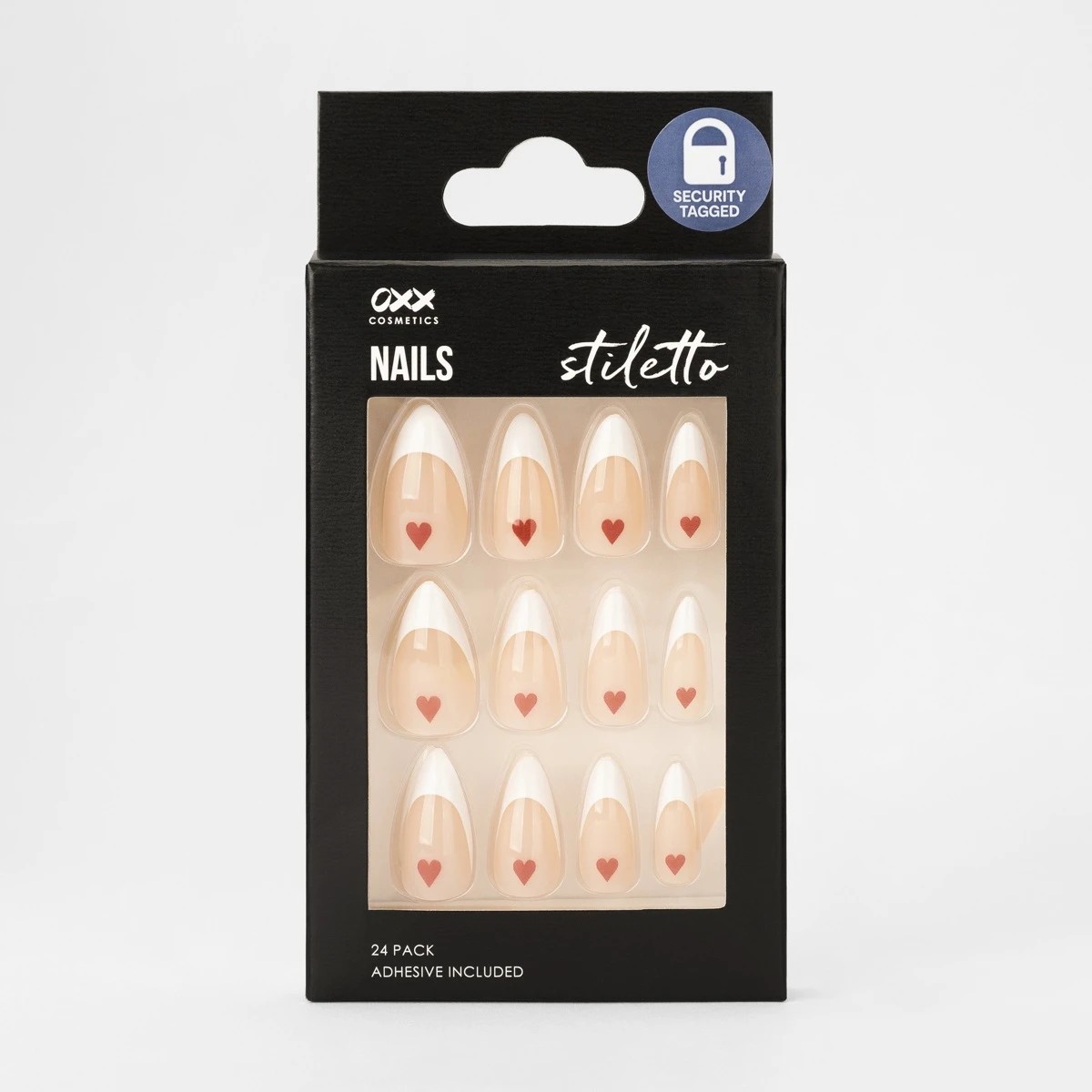 1 OXX Cosmetics 24 Pack False Nails with Adhesive - Stiletto Shape, French Tip Heart, 1 of 5