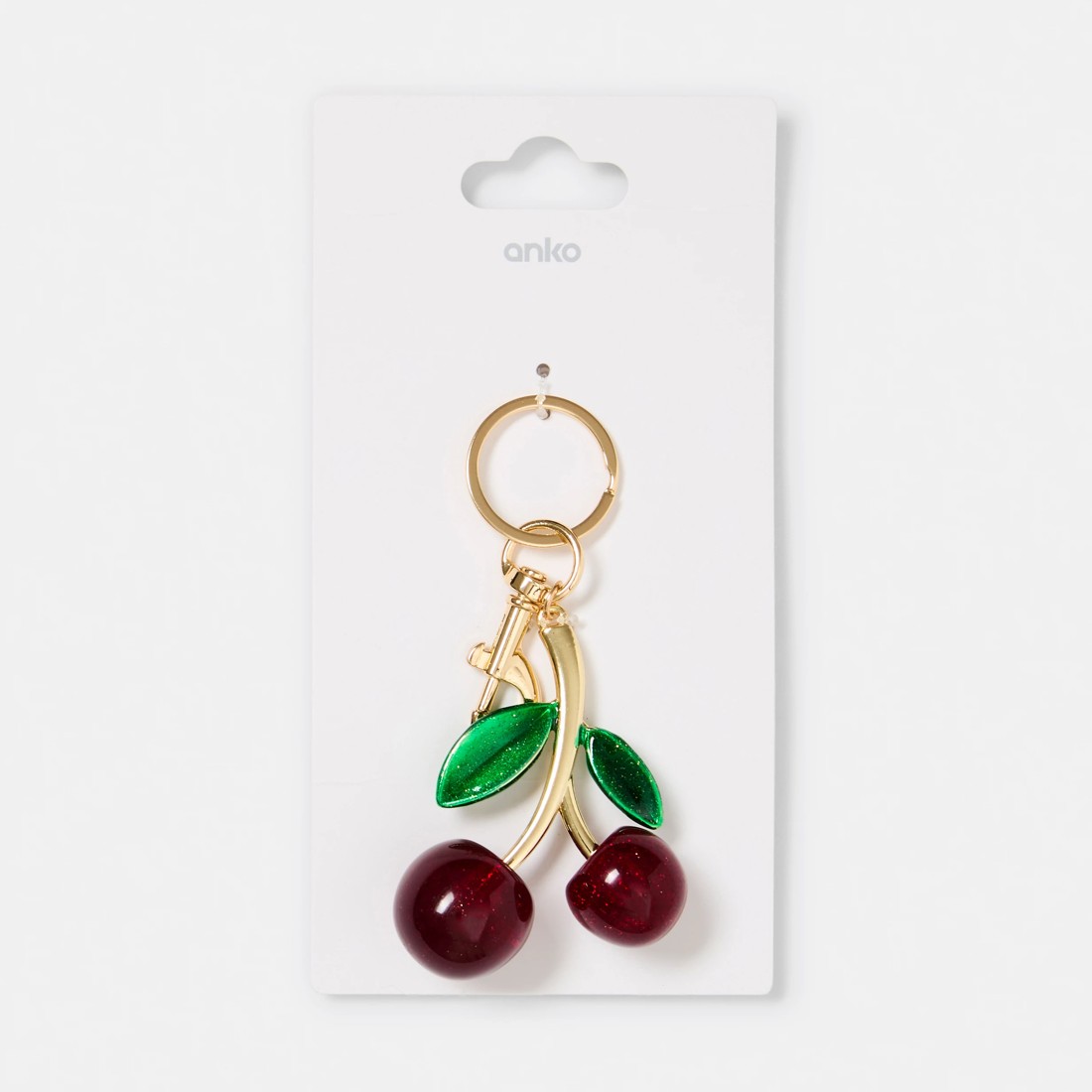 3 3D Large Cherry Charm Keyring - Gold Tone, Red and Green, 3 of 3