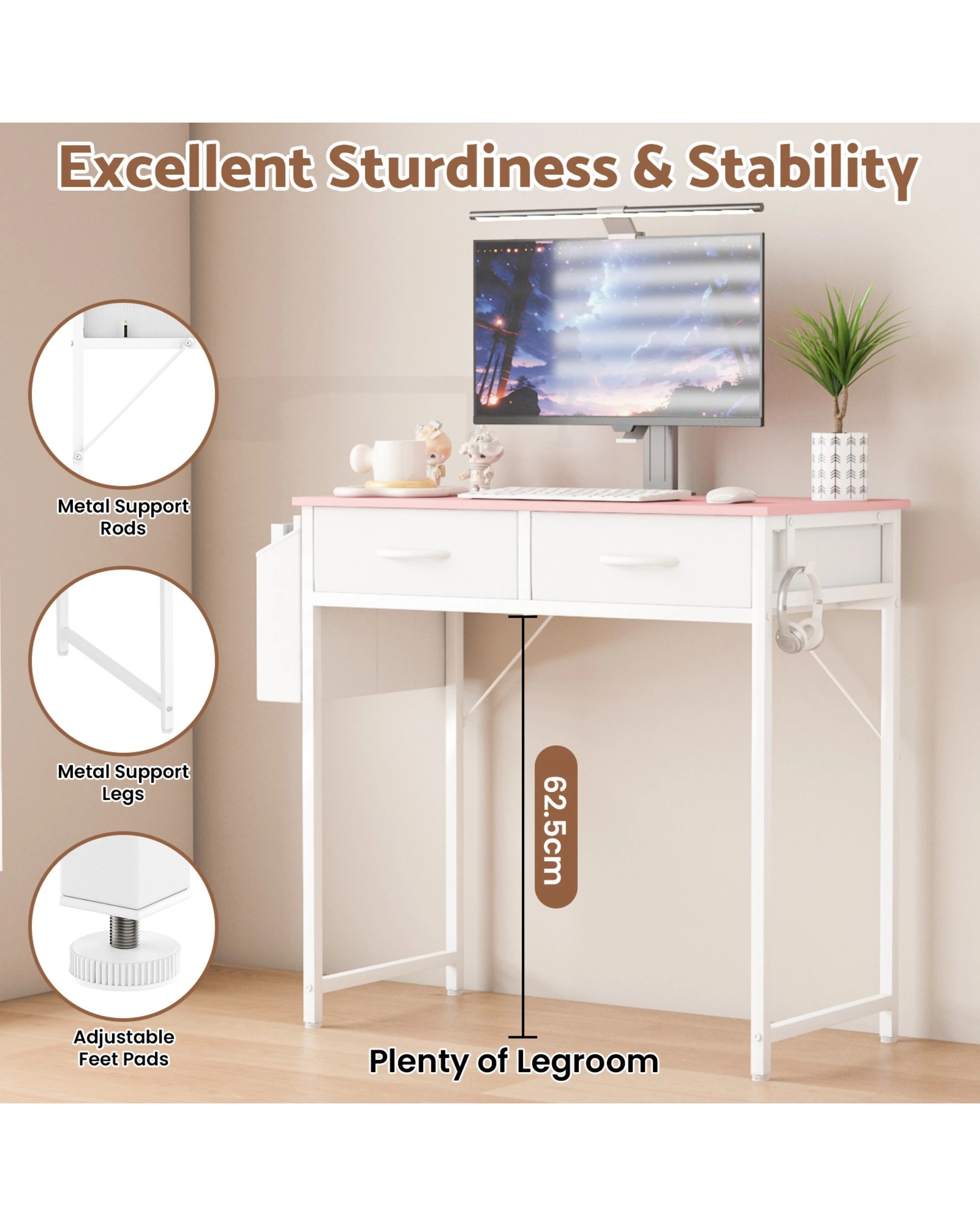 3 Advwin 80cm Small Desk With 2 Drawers And Storage Bag Makeup Vanity Desk Pink, 3 of 10