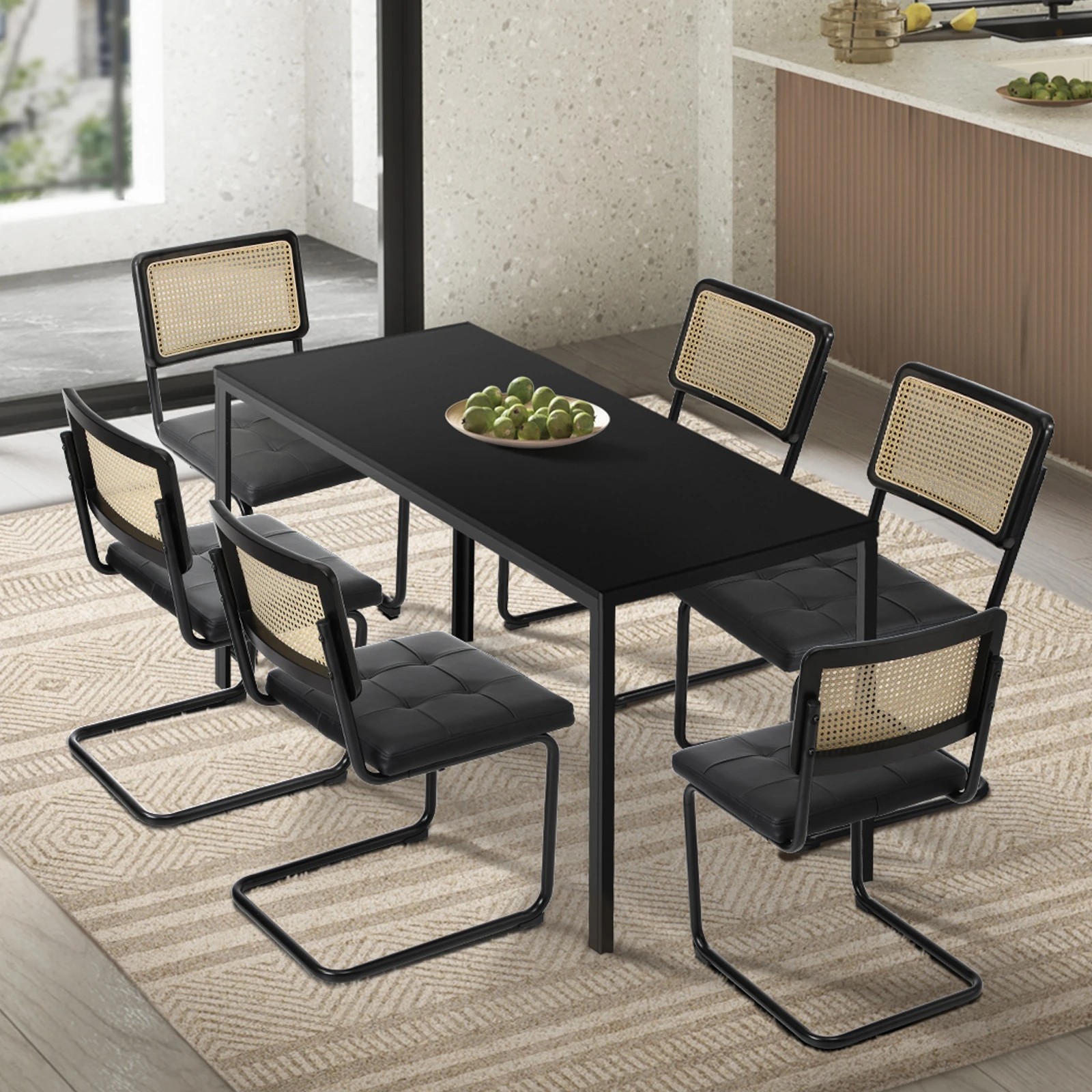 3 Oikiture 140cm Rectangle Dining Table with 6PCS Dining Chairs Leather - Black, 3 of 9