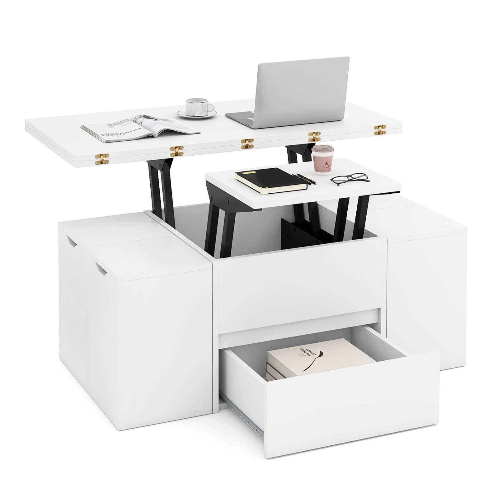5 Costway Lift Top Coffee Table w/4 Storage Stool 3-in-1 Expandable Center Table - White, 5 of 5