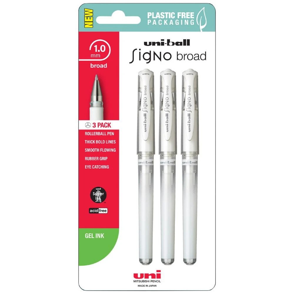 1 Uni-Ball Signo Broad Gel Pen White 3 Pack, 1 of 3