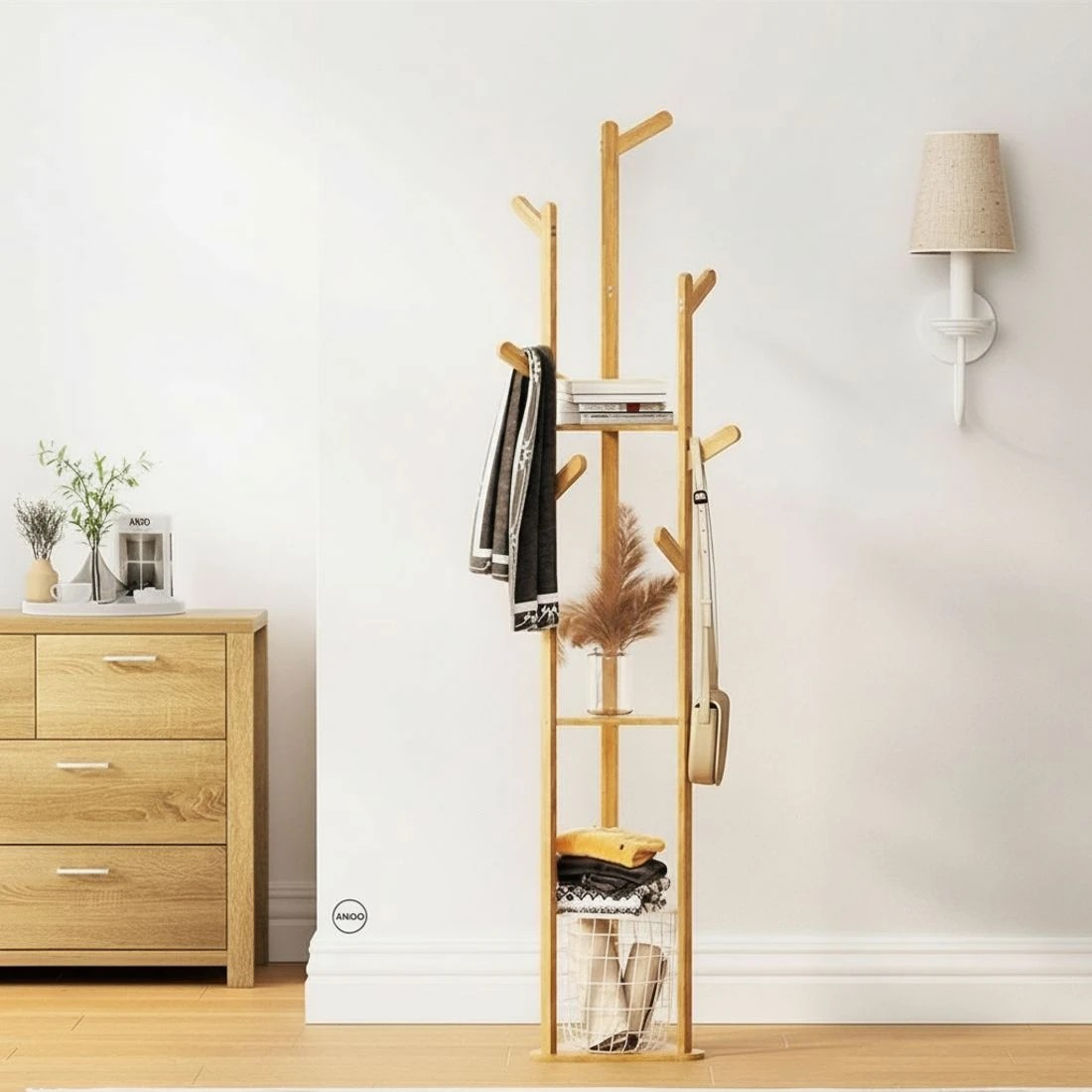 6 Artiss Clothes Rack Airer Coat Stand 9 Hooks Bamboo Garment Rack Portable Heavy Duty Wheels Adjustable Anti Slip - Brown, 6 of 8